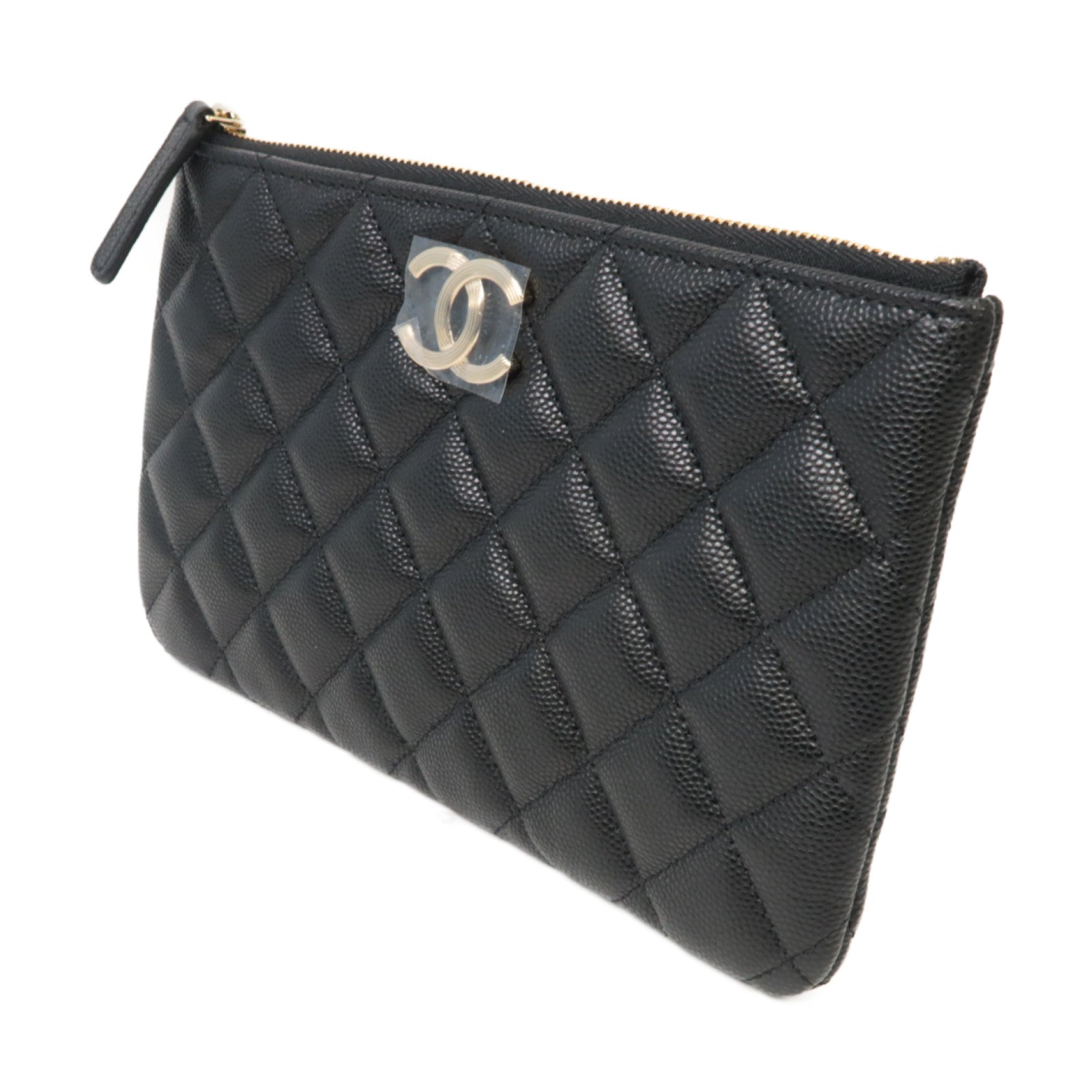 CHANEL 菱格Caviar皮革Pouch金扣手拿包黑色