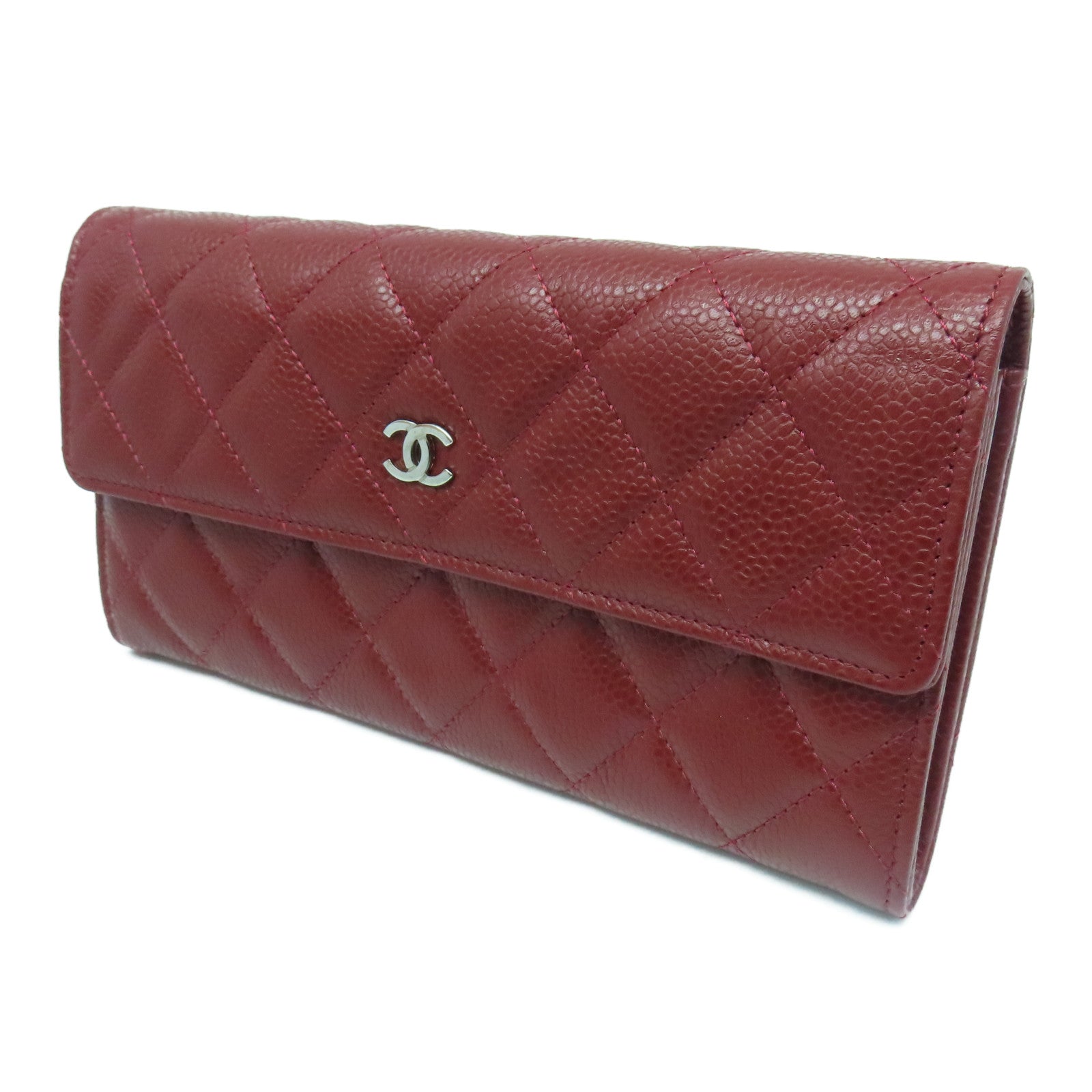 CHANEL Caviar菱格皮革Long Wallet银扣长钱包红色