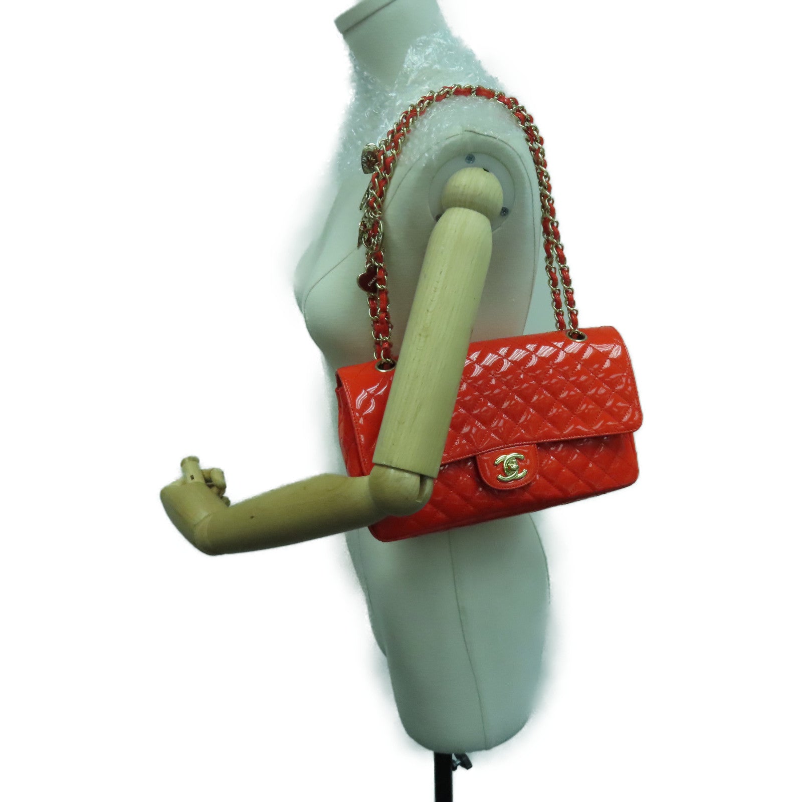CHANEL 菱格漆皮皮革Chain Shoulder Bag金扣链带肩背袋橙色