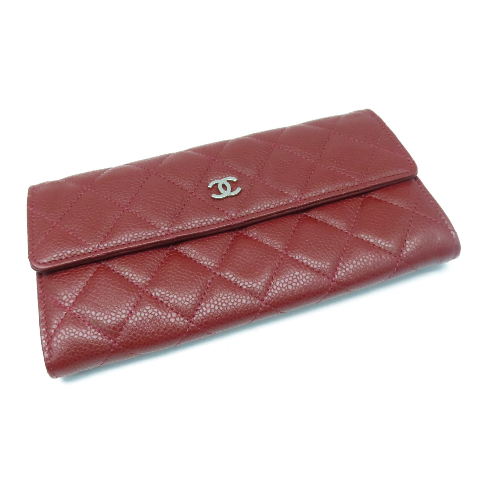CHANEL Caviar菱格皮革Long Wallet银扣长钱包红色
