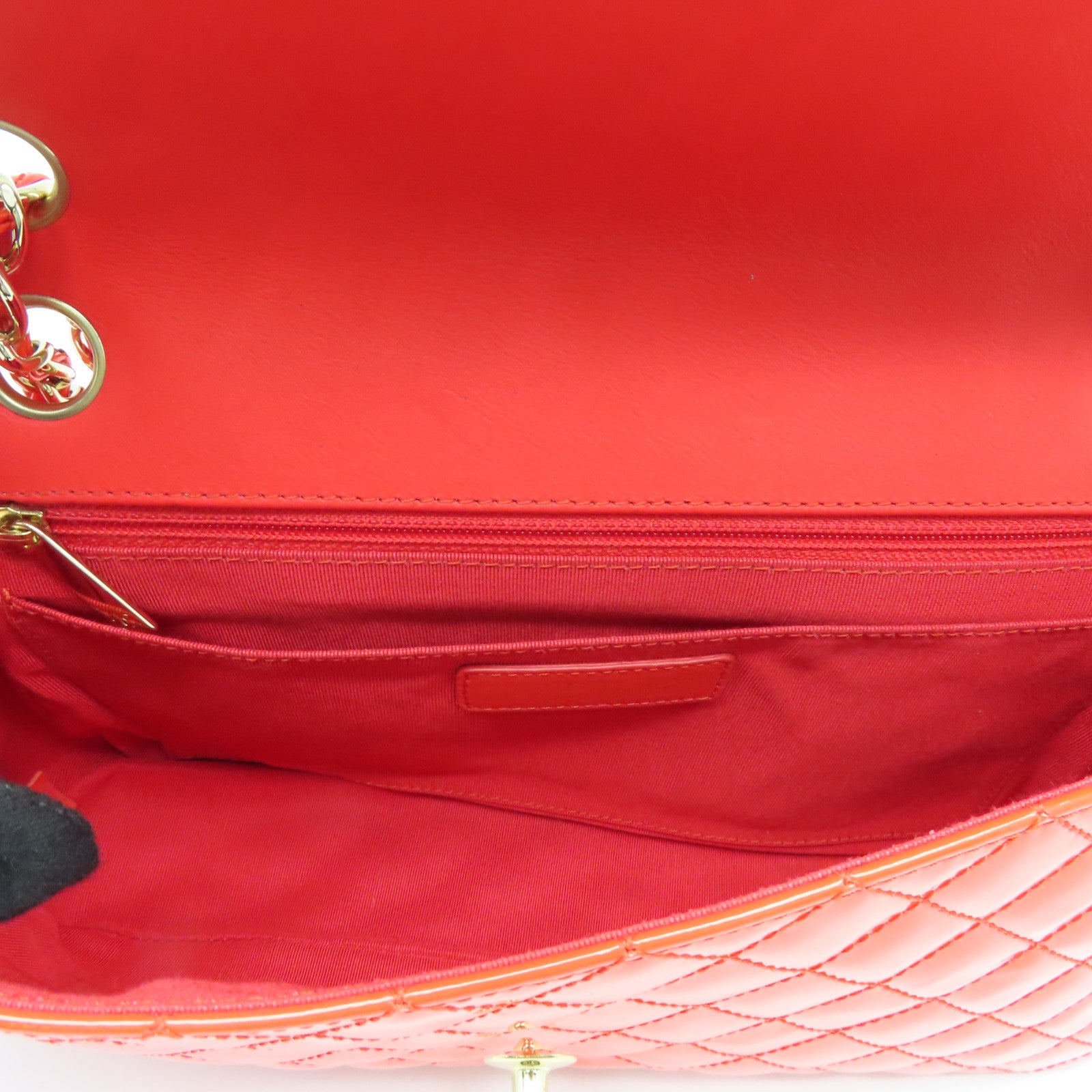 CHANEL 菱格漆皮皮革Chain Shoulder Bag金扣链带肩背袋橙色