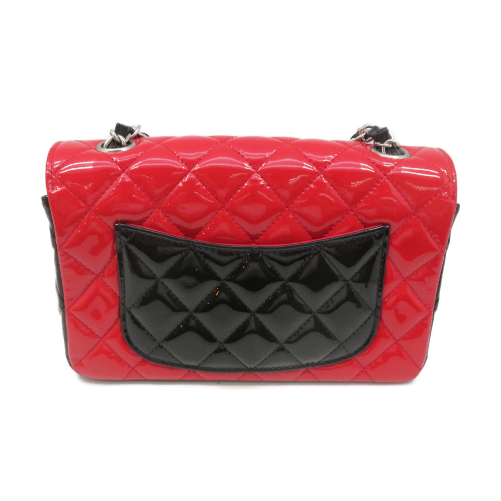 CHANEL 菱格漆皮皮革Chain Shoulder Bag银扣链带肩背袋红色/黑色