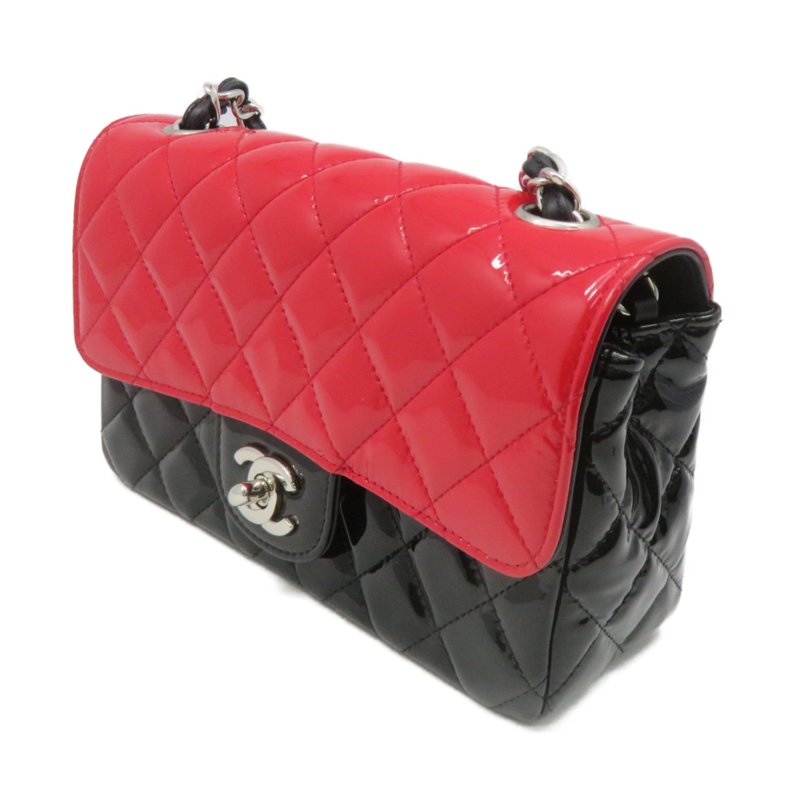 CHANEL 菱格漆皮皮革Chain Shoulder Bag银扣链带肩背袋红色/黑色