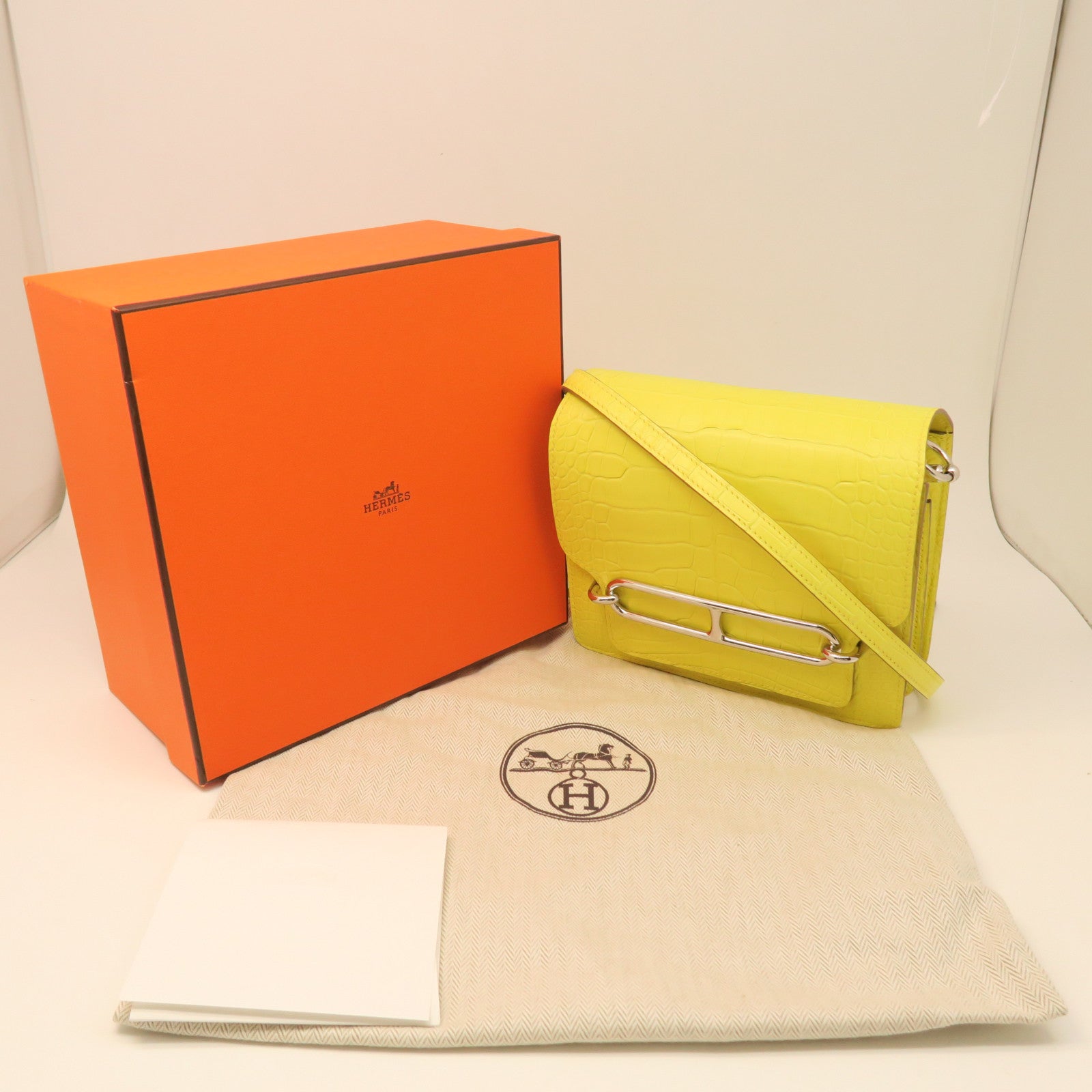 HERMES Crocodile Leather Mini Roulis Silver Buckle Shoulder Bag Lime Yellow