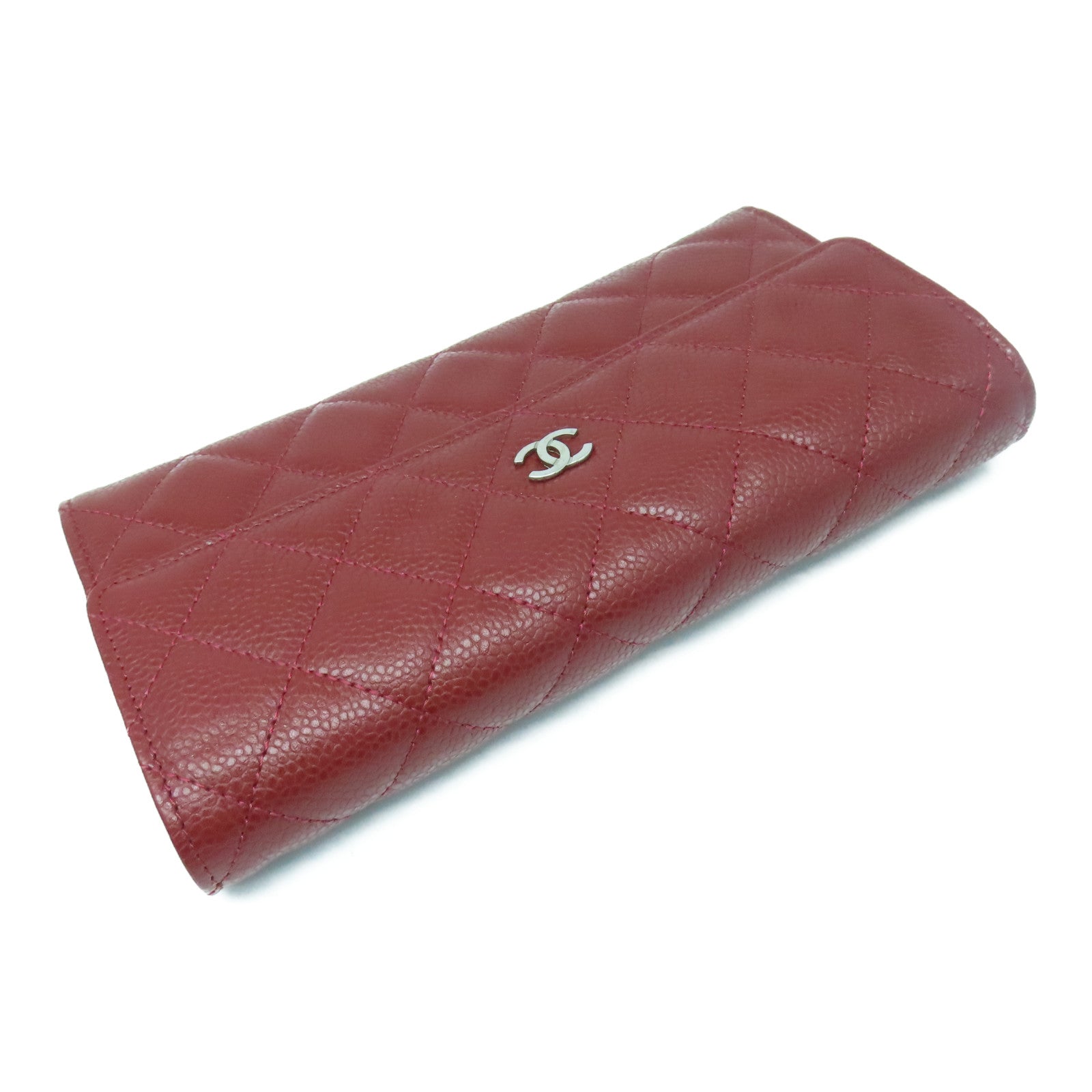 CHANEL Caviar菱格皮革Long Wallet银扣长钱包红色