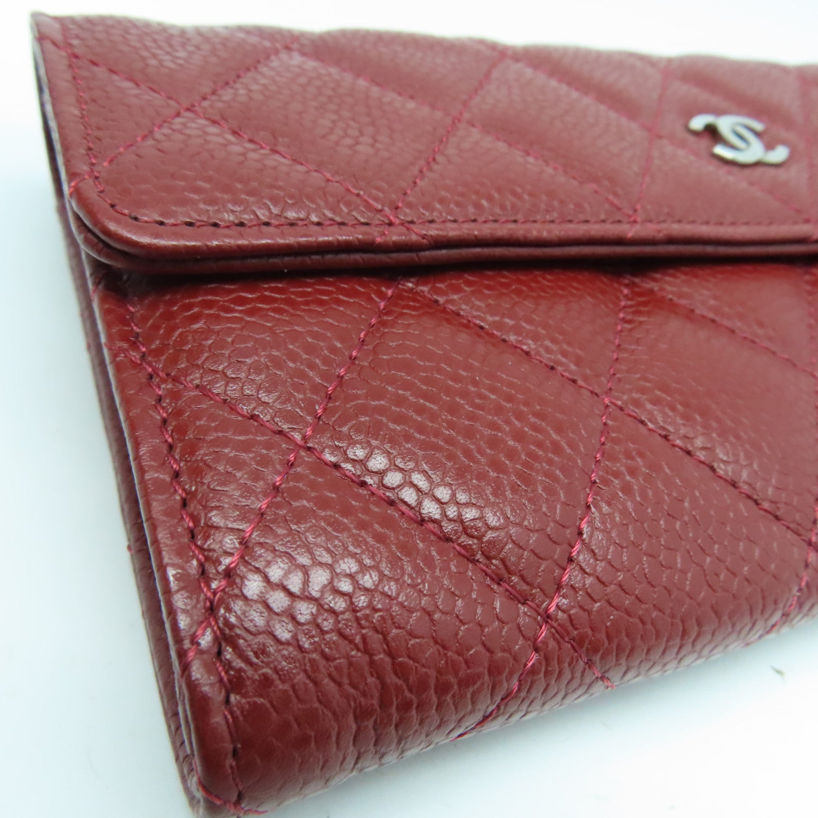 CHANEL Caviar菱格皮革Long Wallet银扣长钱包红色