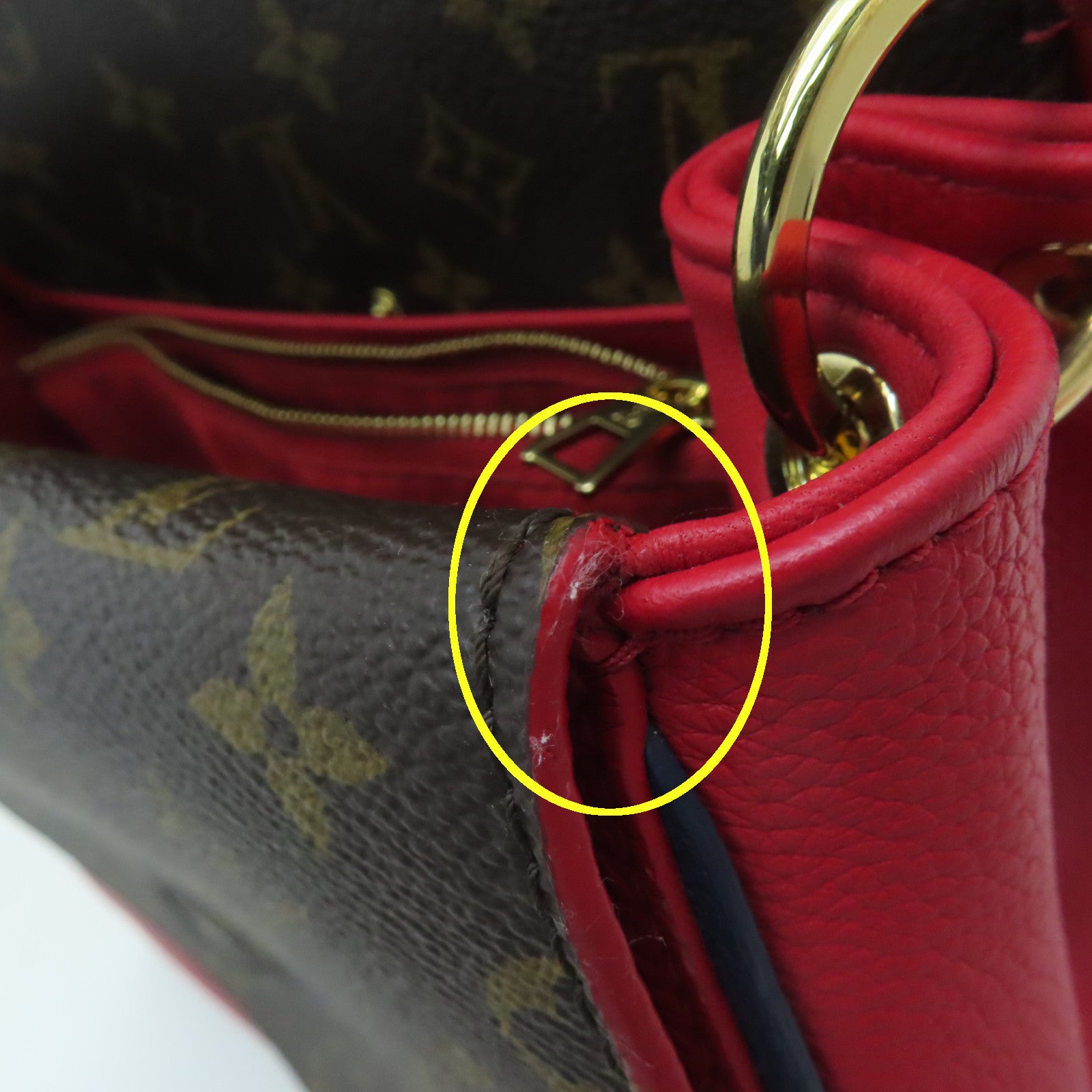 LOUIS VUITTON Monogram/Craft Leather Double V Satchel Gold Buckle Handle Shoulder Bag Red/Brown