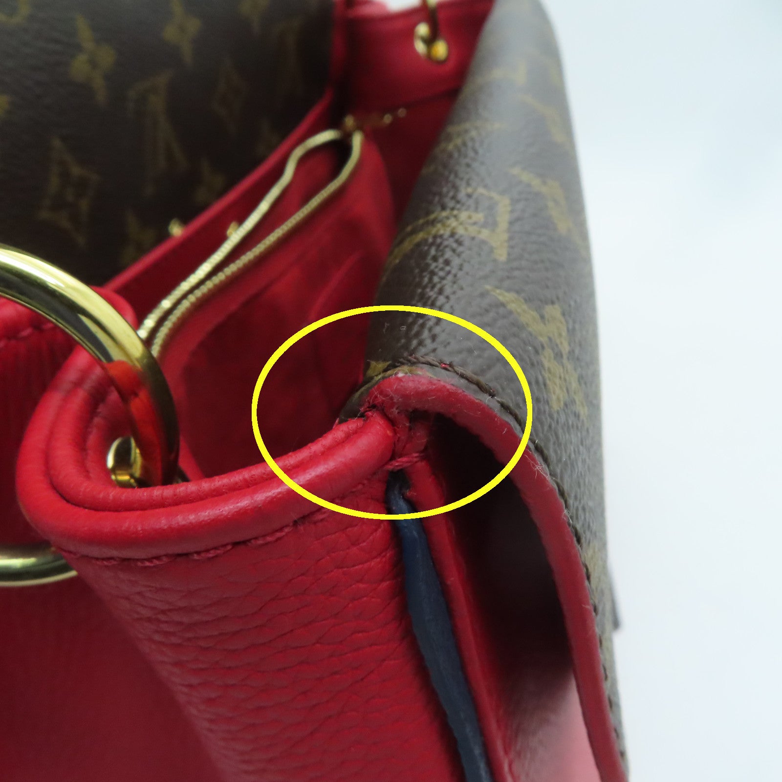 LOUIS VUITTON Monogram/Craft Leather Double V Satchel Gold Buckle Handle Shoulder Bag Red/Brown