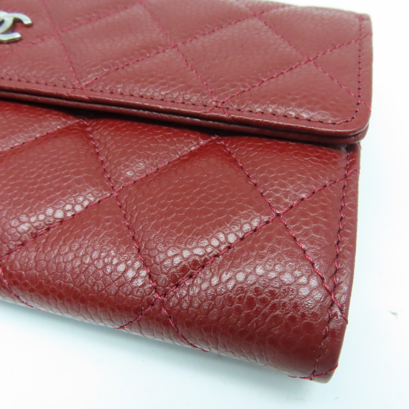 CHANEL Caviar菱格皮革Long Wallet银扣长钱包红色
