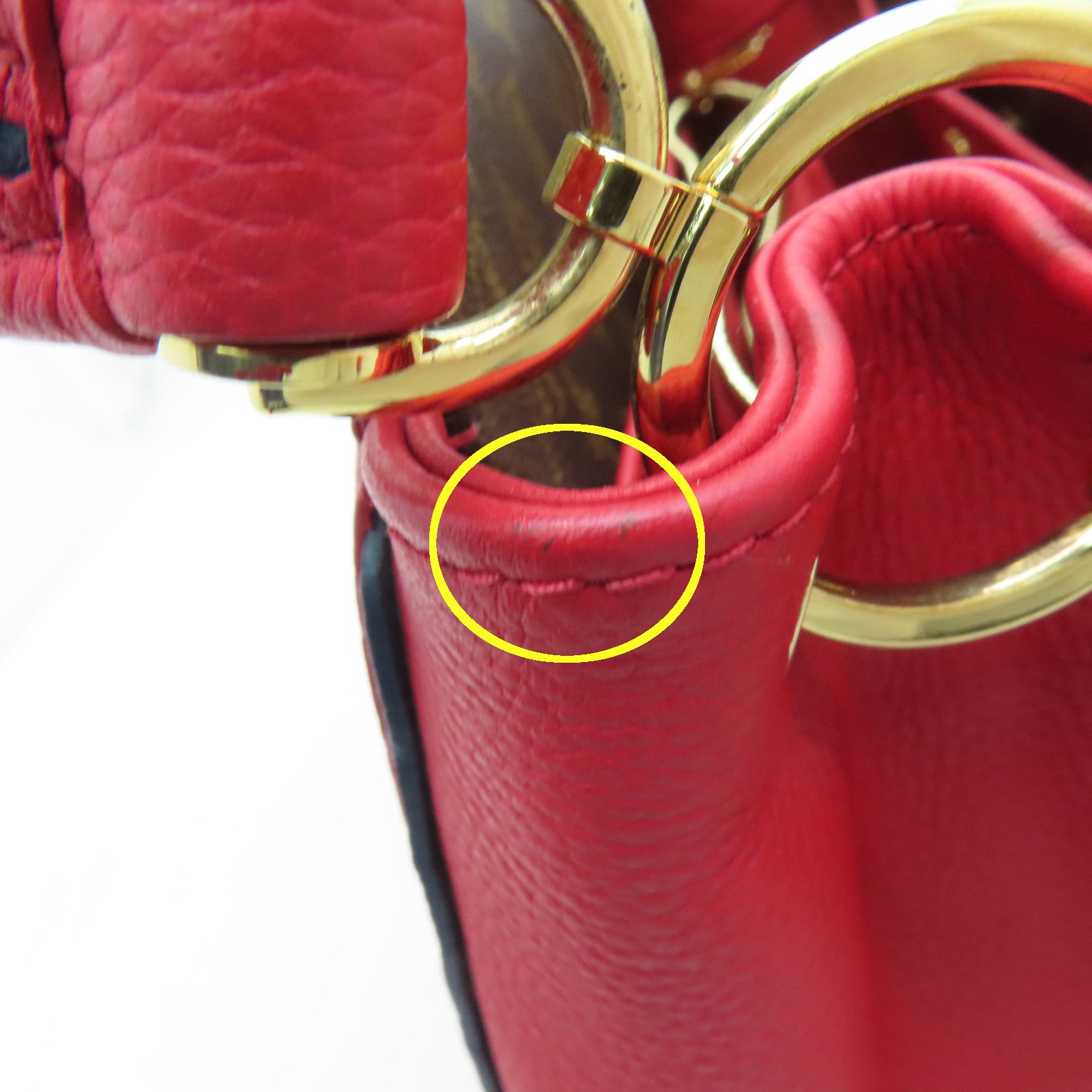 LOUIS VUITTON Monogram/Craft Leather Double V Satchel Gold Buckle Handle Shoulder Bag Red/Brown