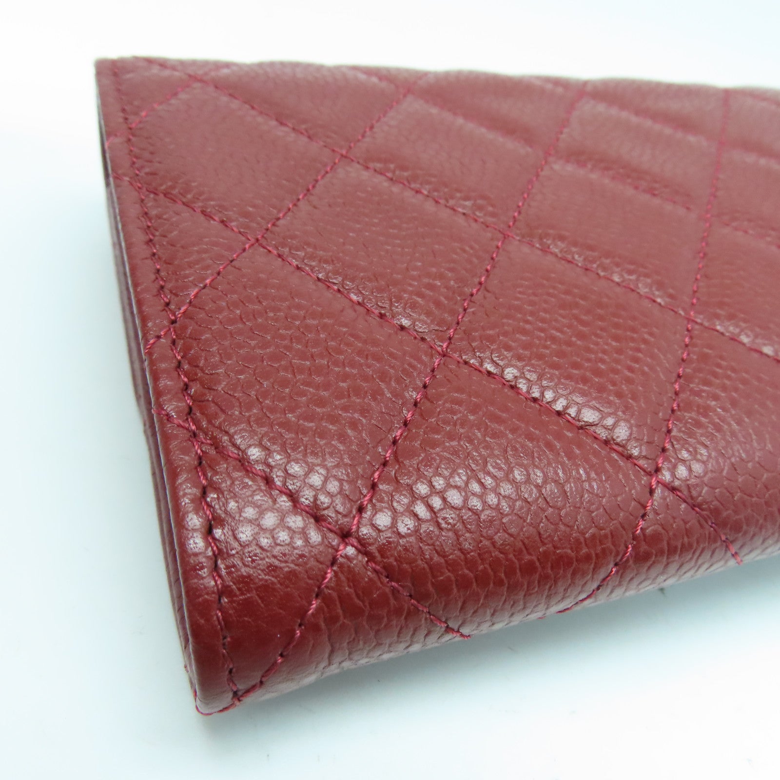 CHANEL Caviar菱格皮革Long Wallet银扣长钱包红色