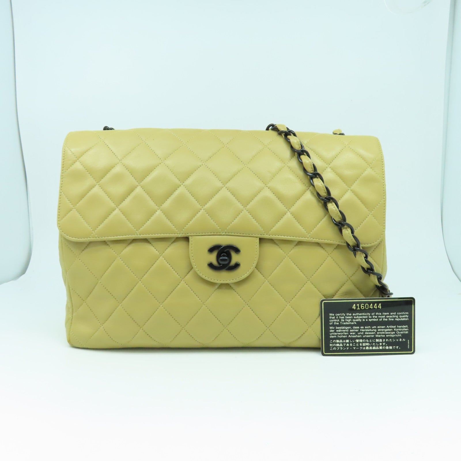 CHANEL 菱格牛皮皮革Chain Shoulder Bag鏈帶肩背袋米色