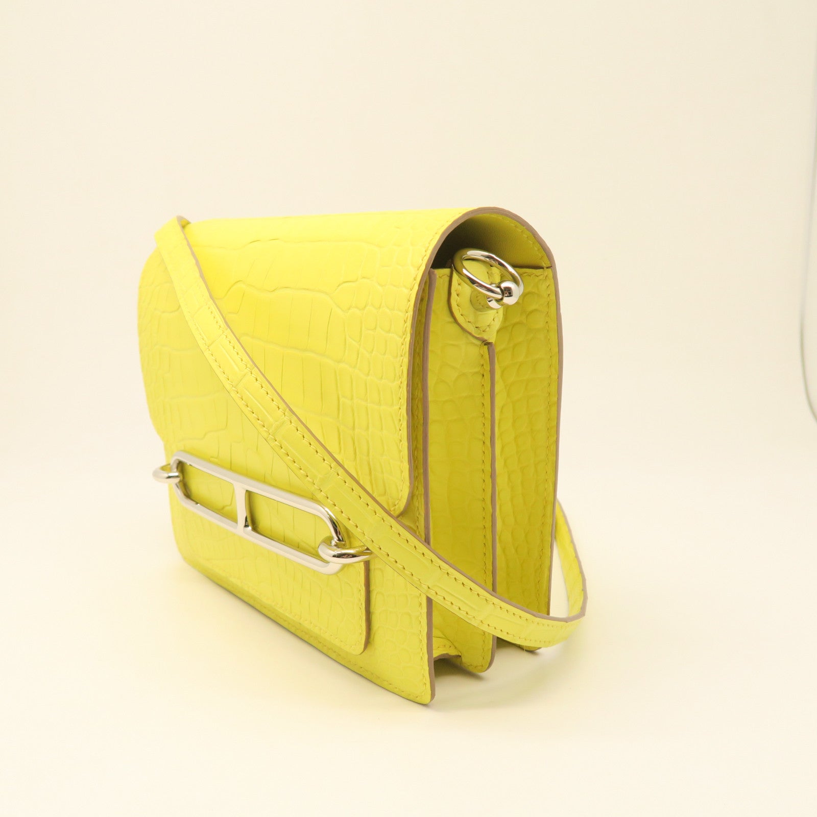 HERMES Crocodile Leather Mini Roulis Silver Buckle Shoulder Bag Lime Yellow
