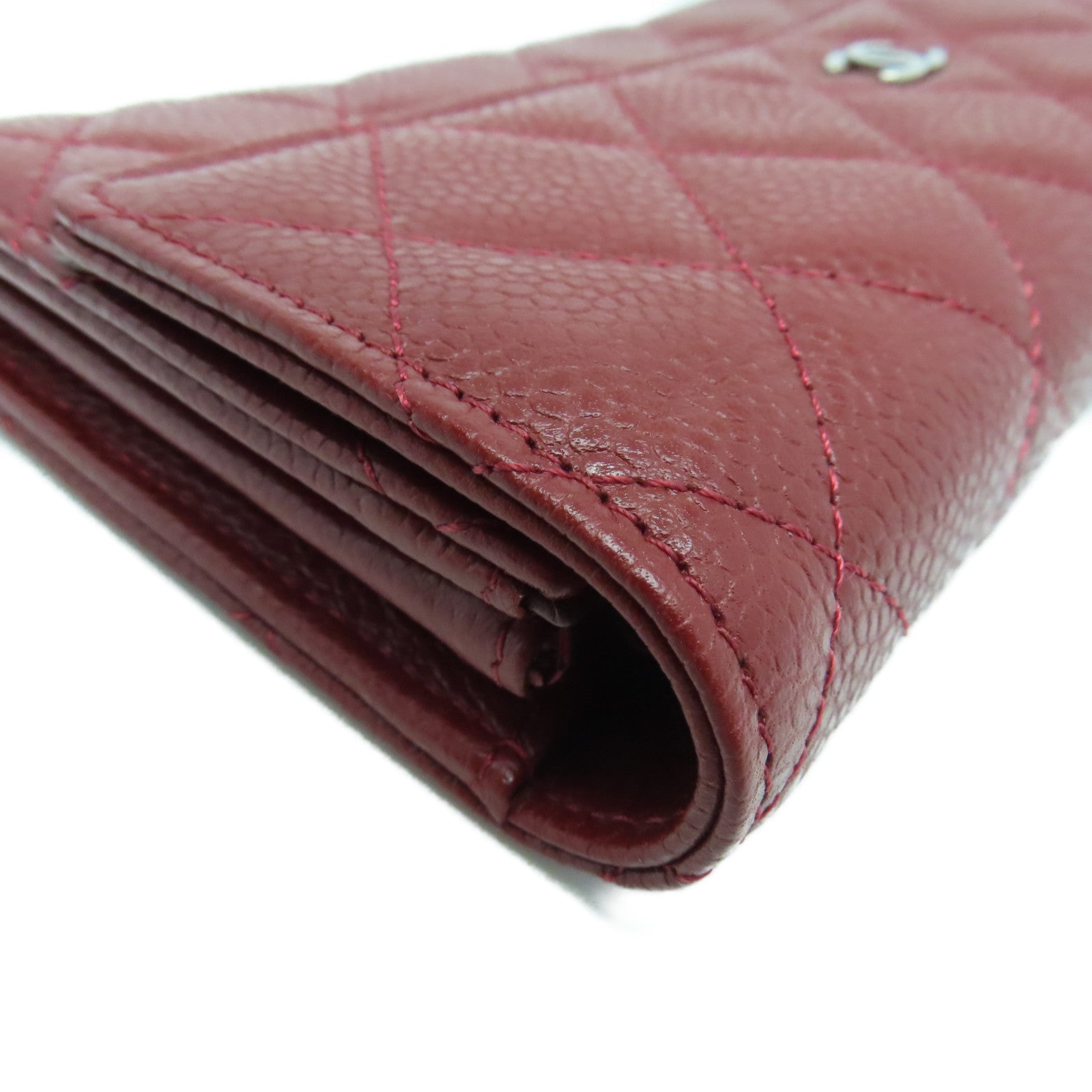 CHANEL Caviar菱格皮革Long Wallet银扣长钱包红色
