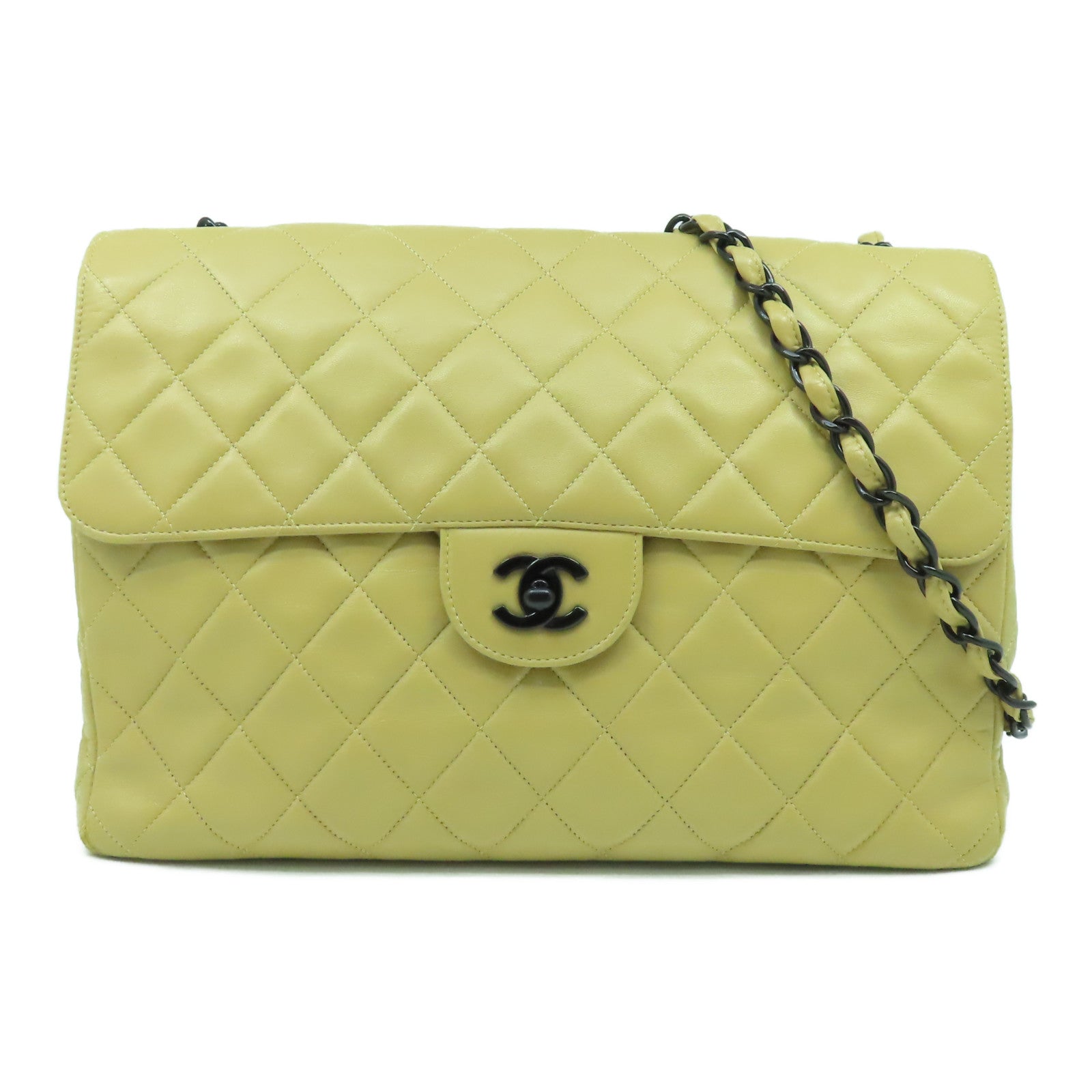 CHANEL 菱格牛皮皮革Chain Shoulder Bag鏈帶肩背袋米色
