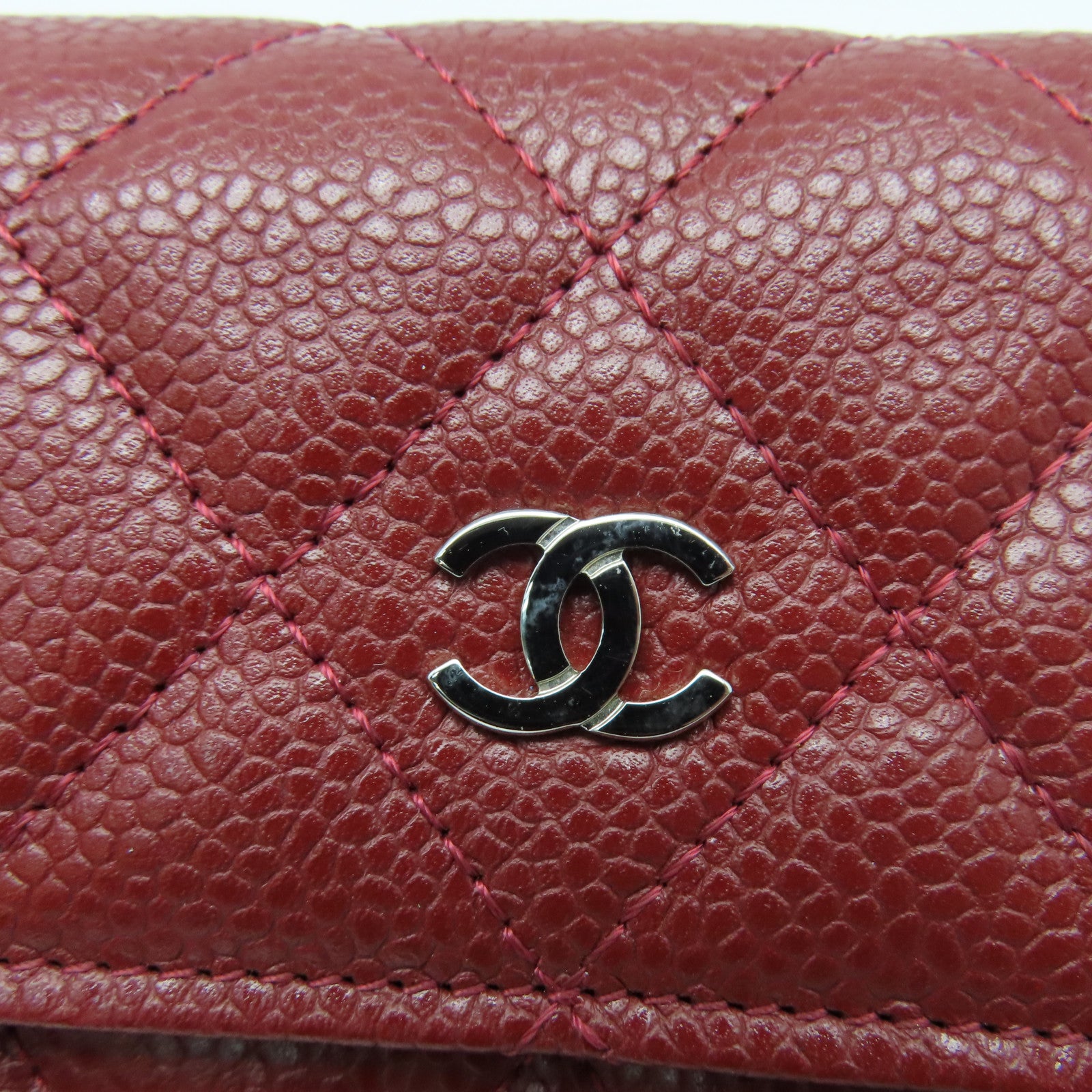 CHANEL Caviar菱格皮革Long Wallet银扣长钱包红色