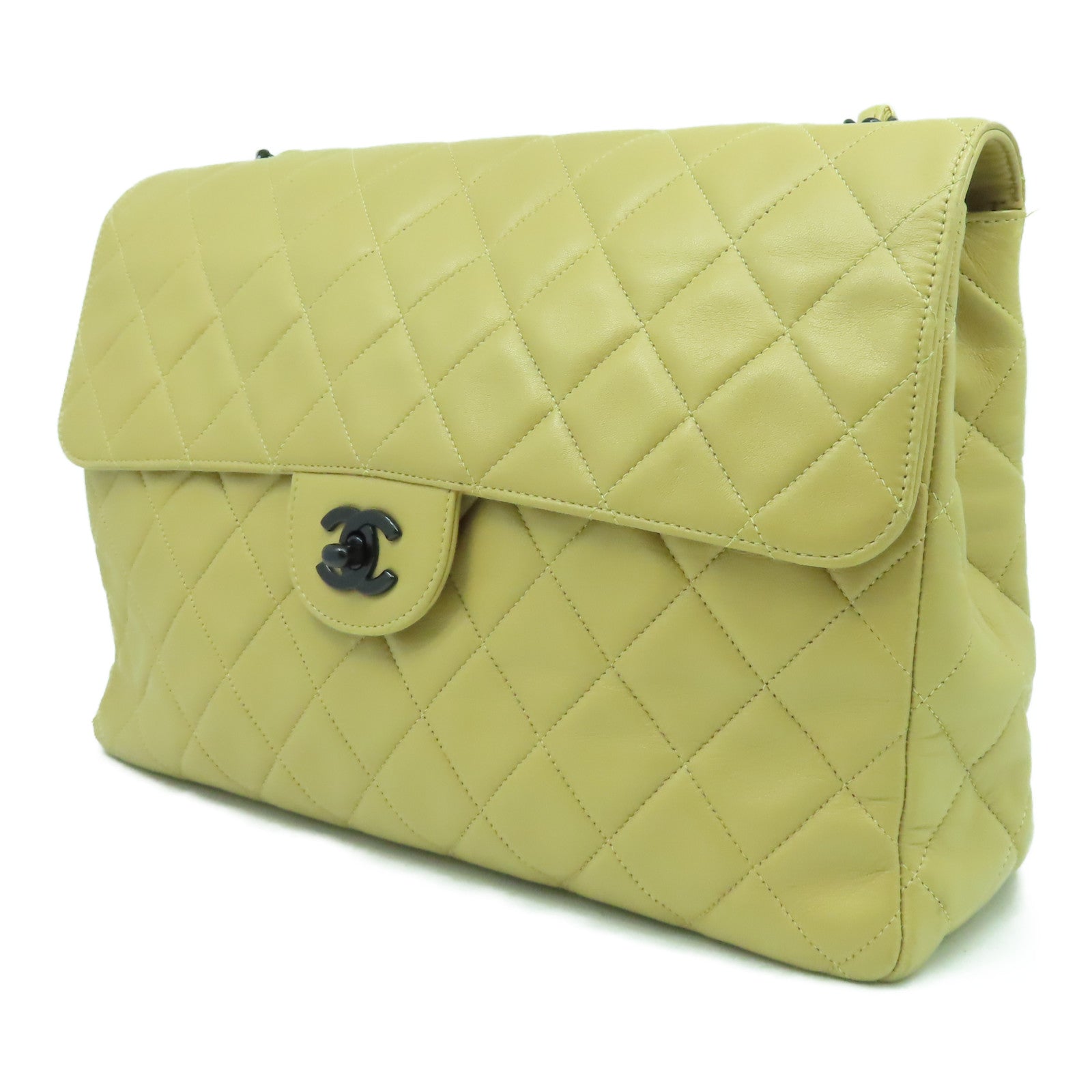 CHANEL 菱格牛皮皮革Chain Shoulder Bag鏈帶肩背袋米色