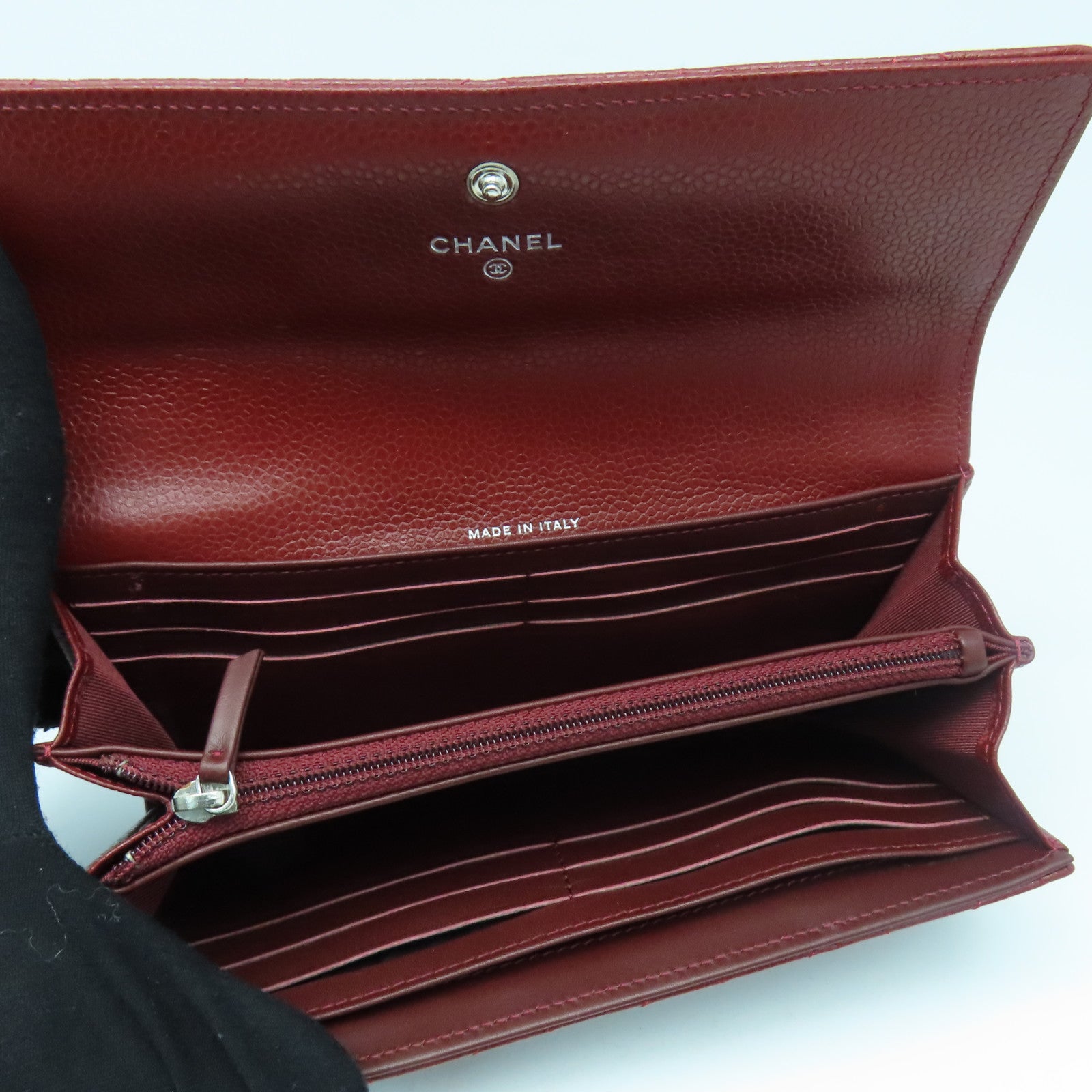 CHANEL Caviar菱格皮革Long Wallet银扣长钱包红色