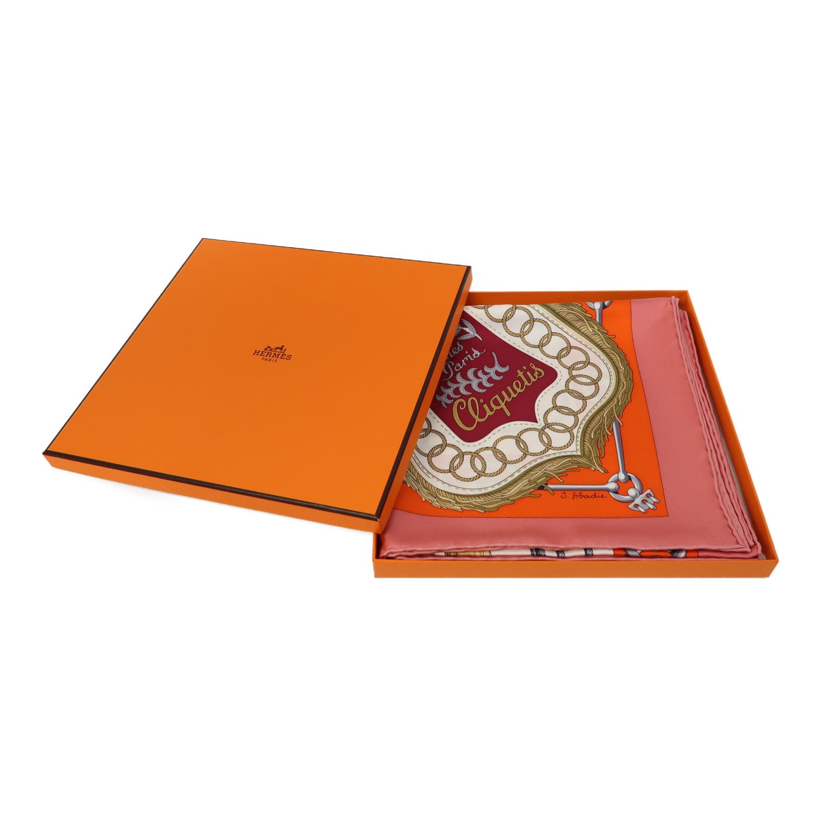 HERMES 絲質Scarf 90x90cm絲巾粉紅色/白色/橙色