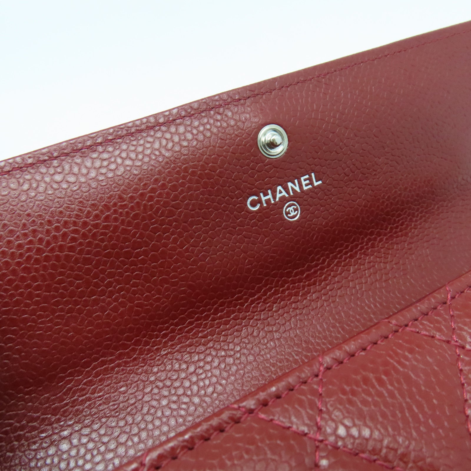 CHANEL Caviar菱格皮革Long Wallet银扣长钱包红色