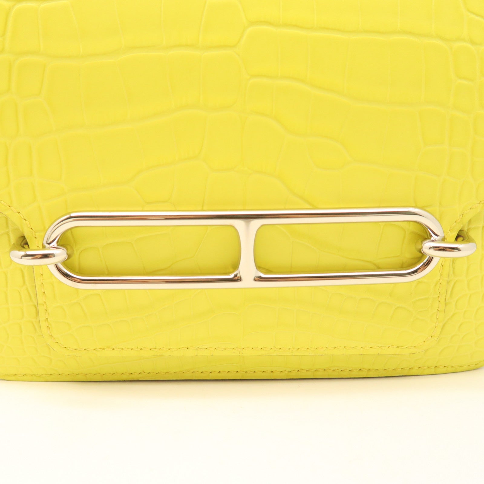 HERMES Crocodile Leather Mini Roulis Silver Buckle Shoulder Bag Lime Yellow