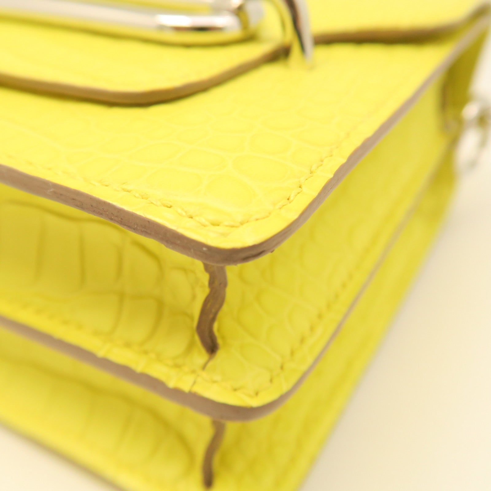 HERMES Crocodile Leather Mini Roulis Silver Buckle Shoulder Bag Lime Yellow