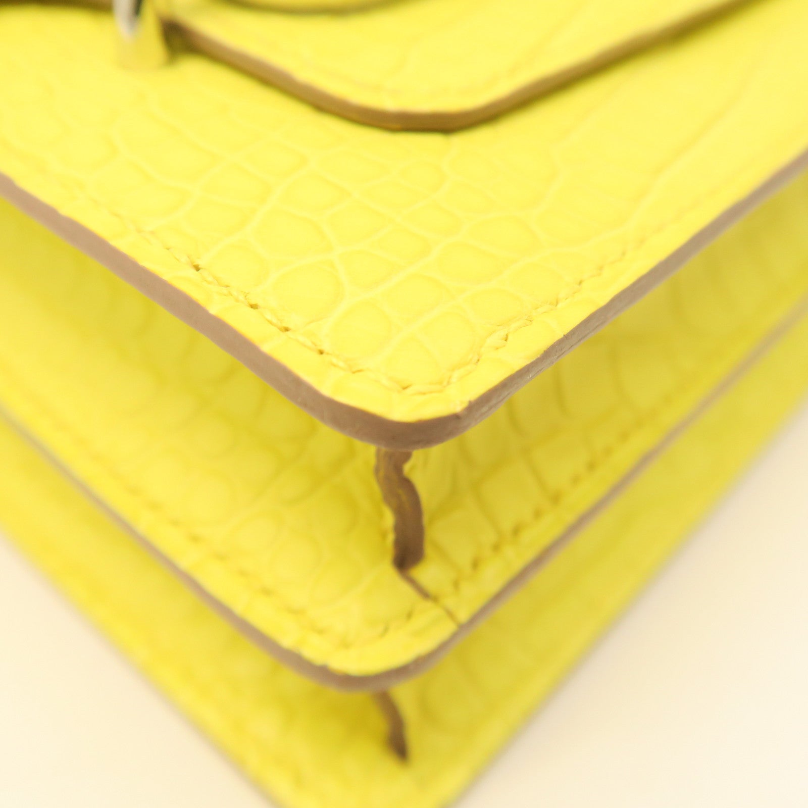 HERMES Crocodile Leather Mini Roulis Silver Buckle Shoulder Bag Lime Yellow