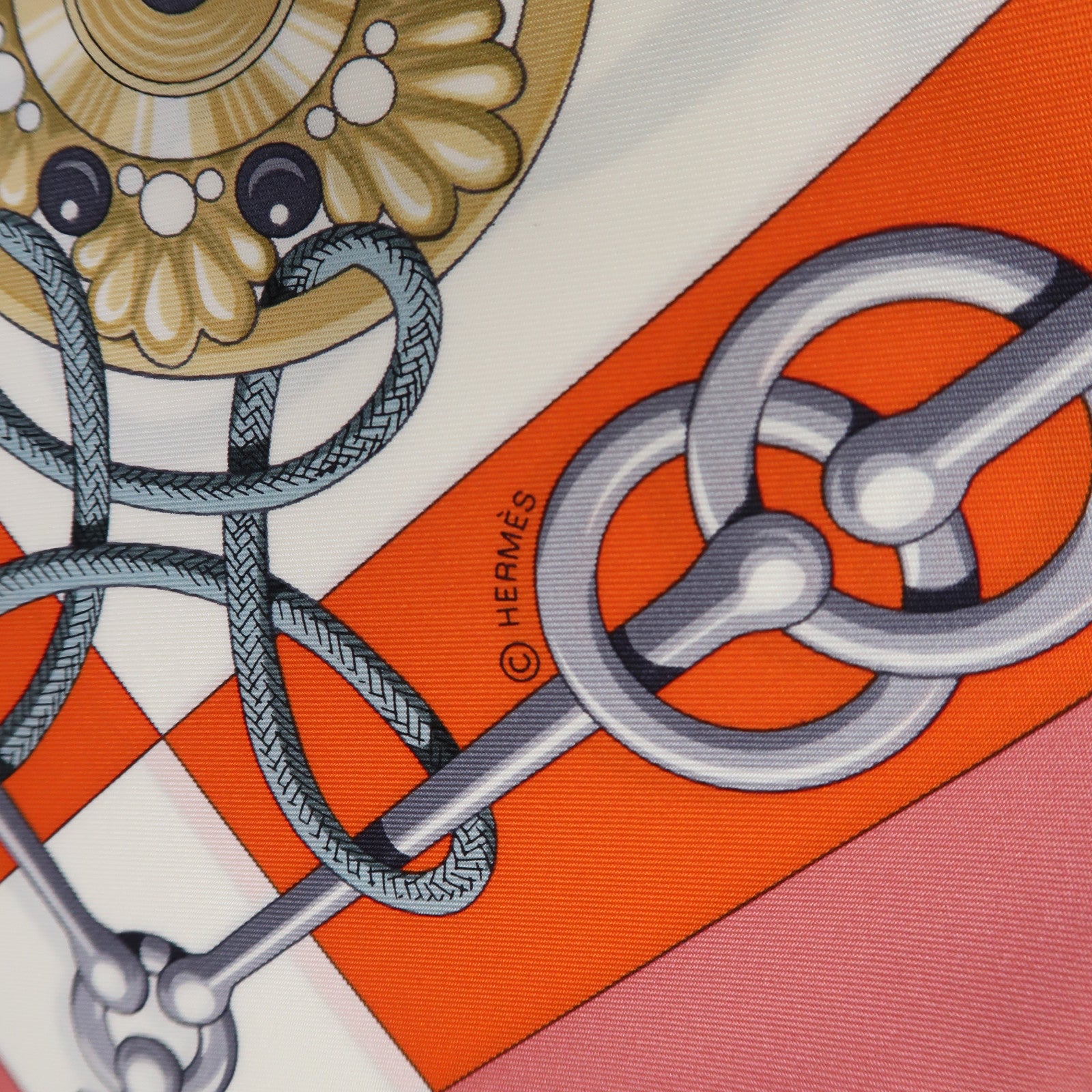 HERMES 絲質Scarf 90x90cm絲巾粉紅色/白色/橙色