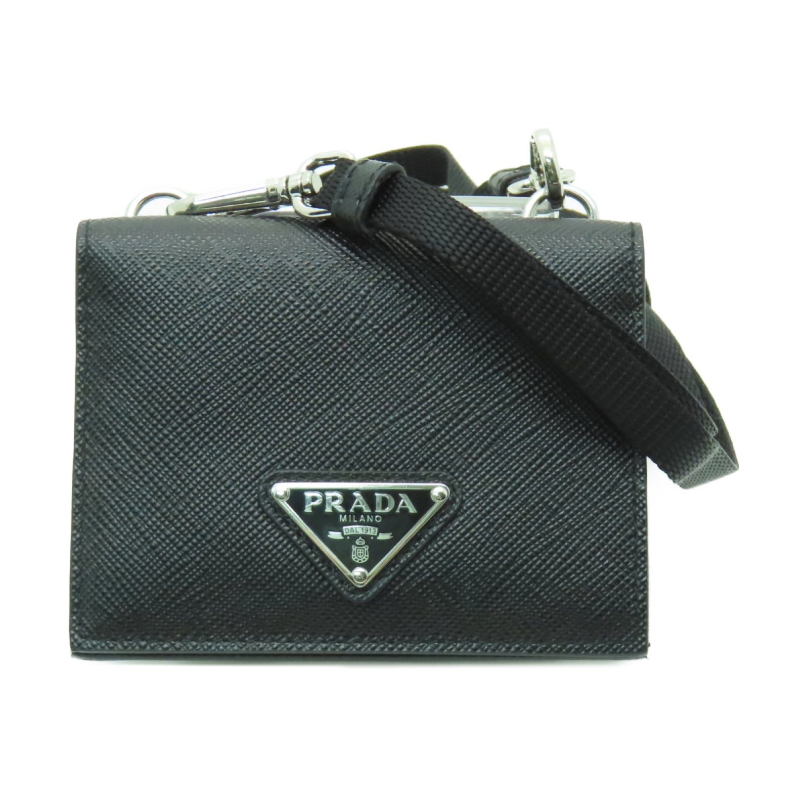 PRADA Saffiano皮革Card Holder銀扣卡片套黑色