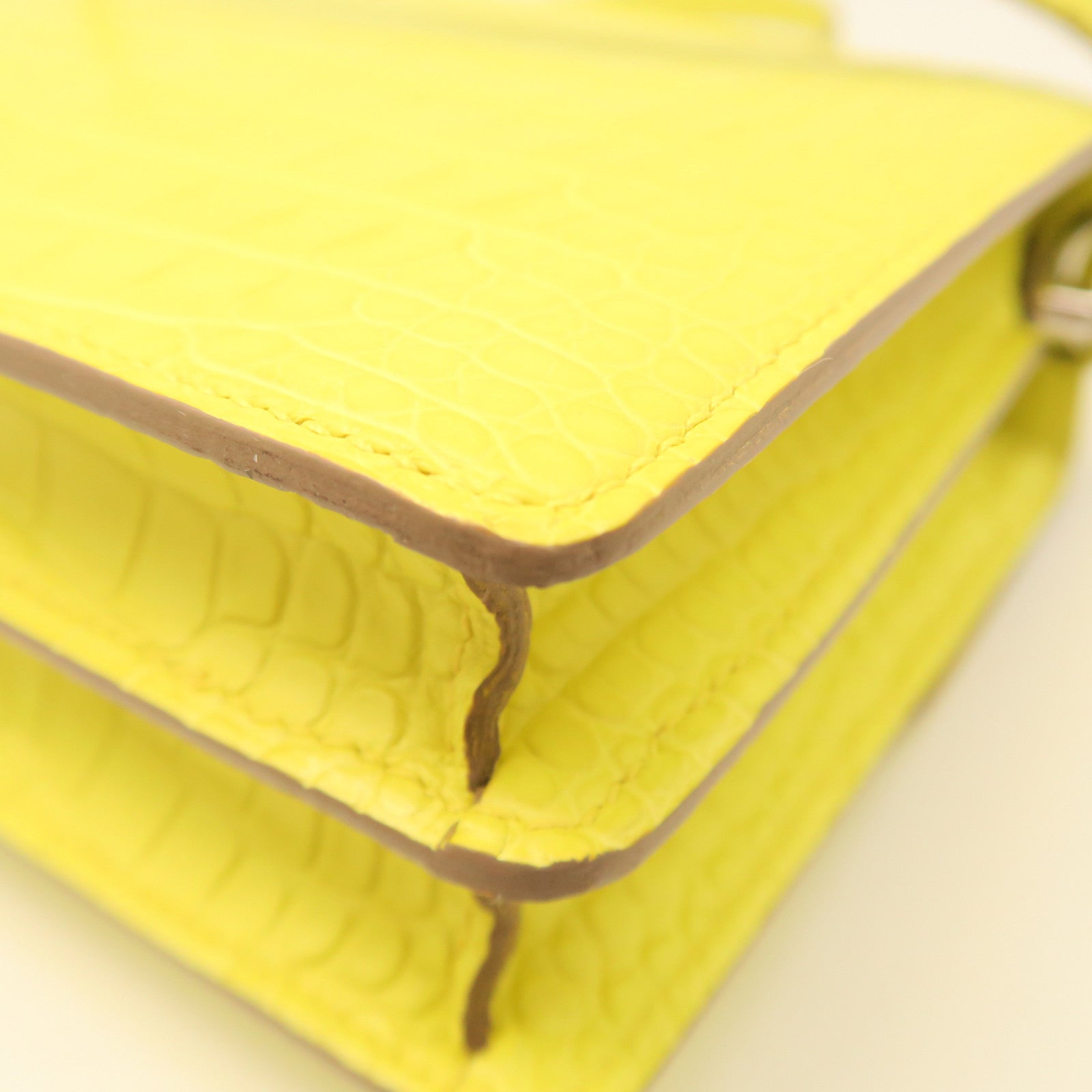 HERMES Crocodile Leather Mini Roulis Silver Buckle Shoulder Bag Lime Yellow