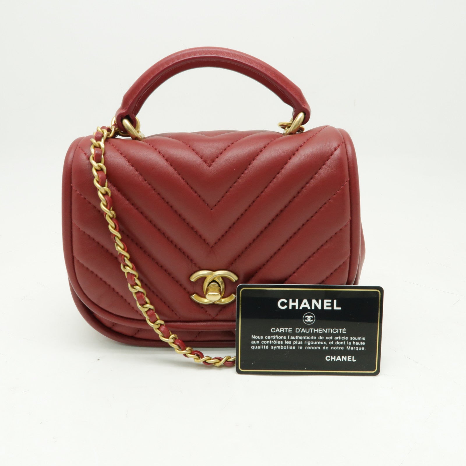 CHANEL 斜紋羊皮皮革Shoulder Bag金扣鏈帶肩背袋紅色