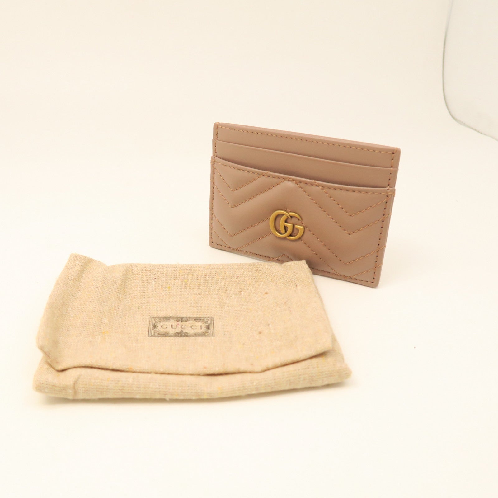 GUCCI Cowhide Leather Card Case Gold Buckle Card Holder Brown