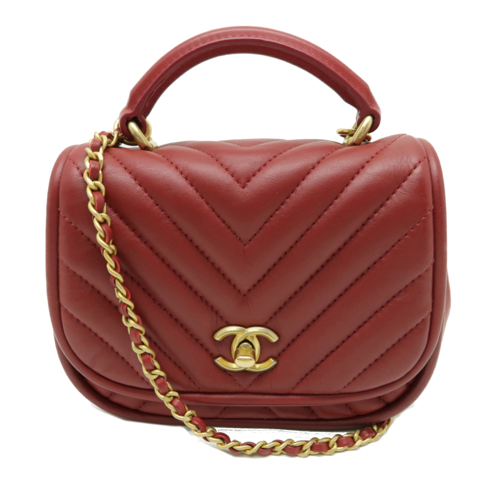 CHANEL 斜紋羊皮皮革Shoulder Bag金扣鏈帶肩背袋紅色