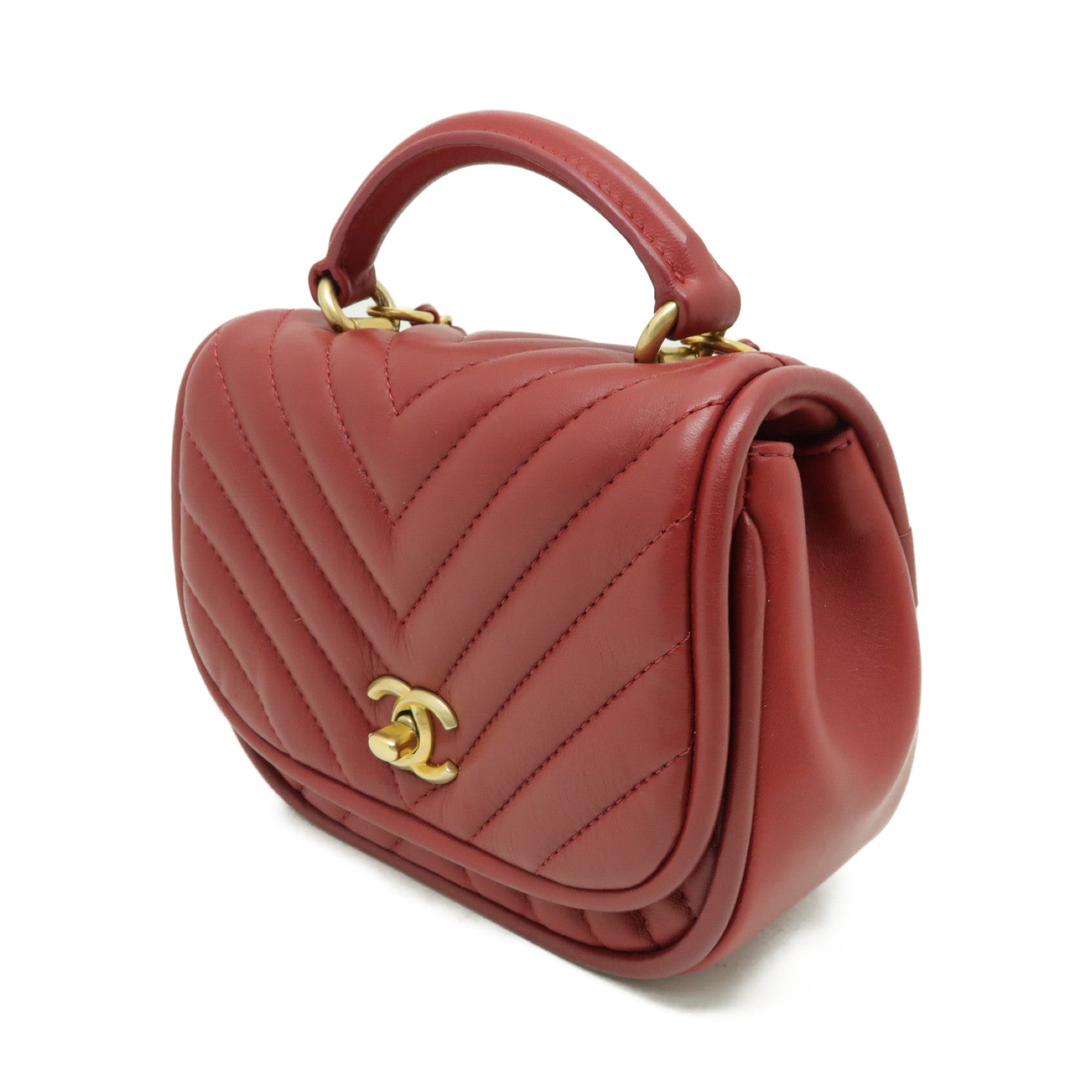 CHANEL 斜紋羊皮皮革Shoulder Bag金扣鏈帶肩背袋紅色