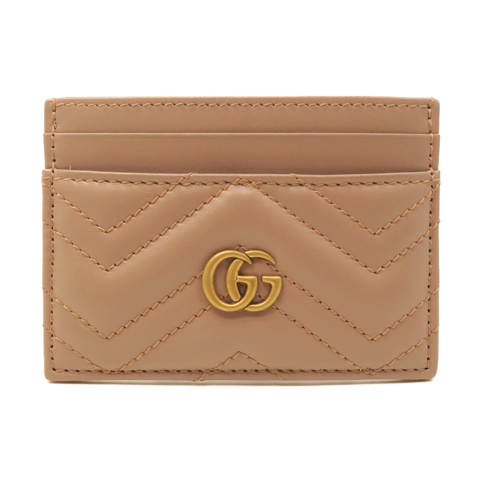 GUCCI Cowhide Leather Card Case Gold Buckle Card Holder Brown