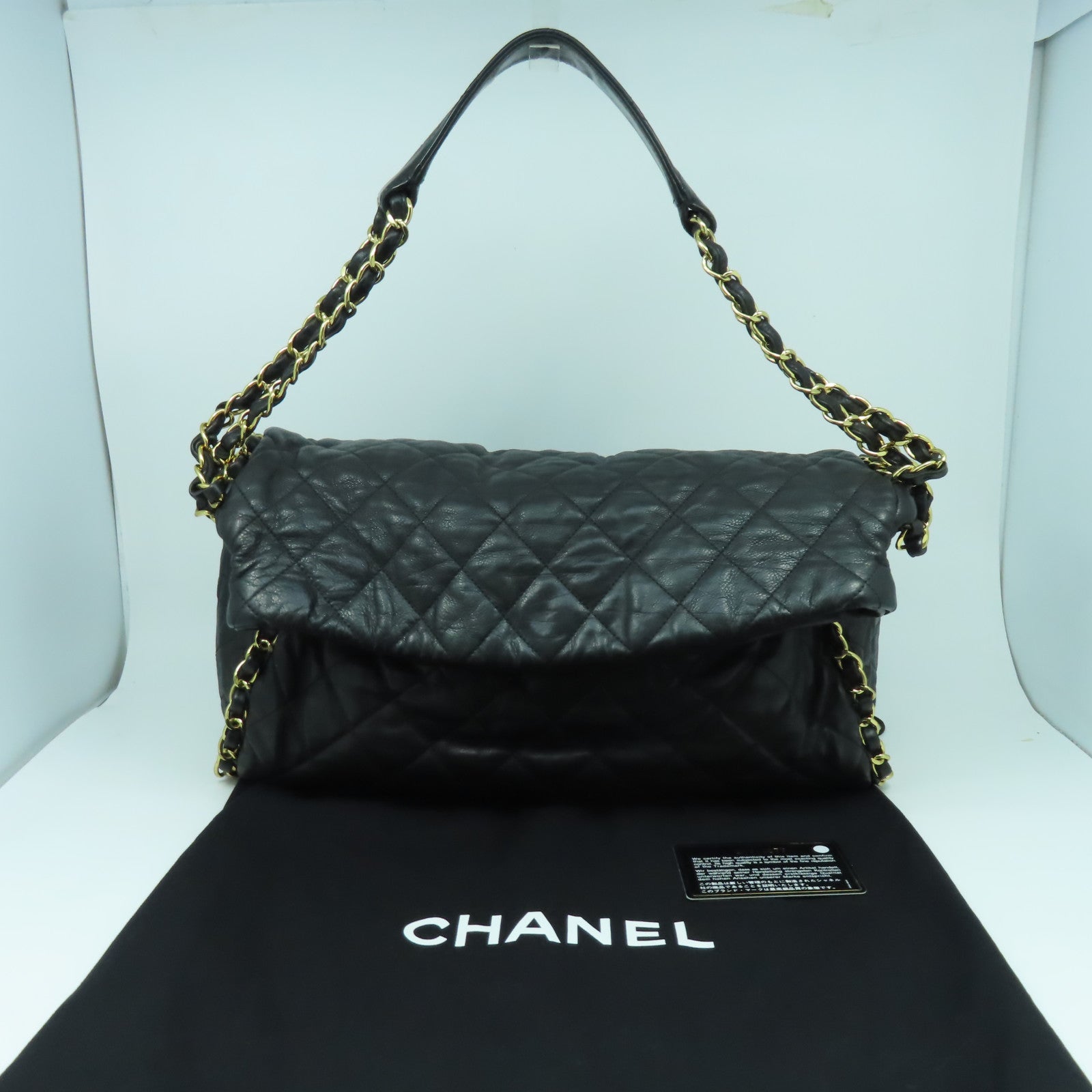 CHANEL 菱格牛皮皮革Chain Shoulder Bag金扣鏈帶肩背袋黑色