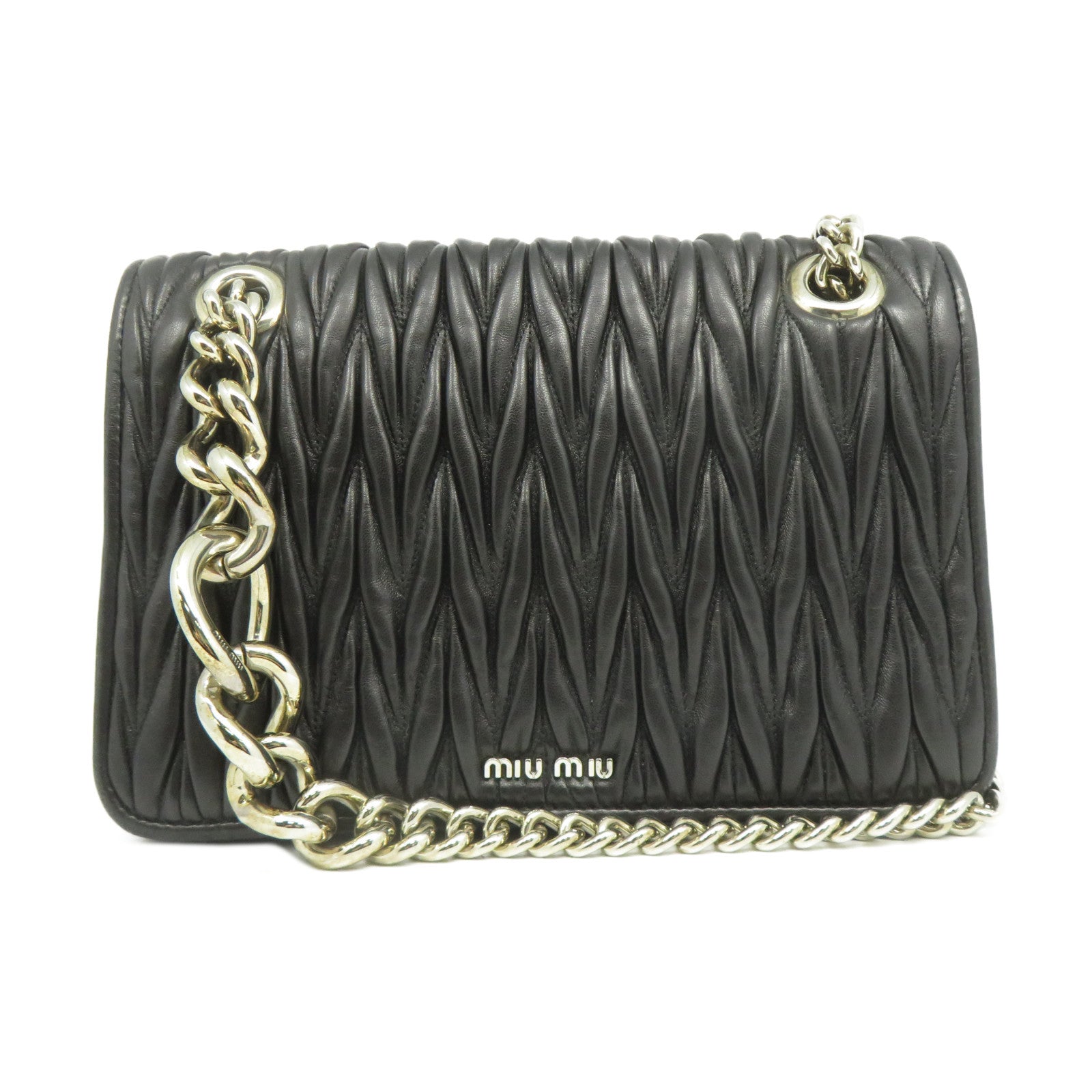 Miu Miu 牛皮皮革Chain Shoulder銀扣鏈帶肩背袋黑色