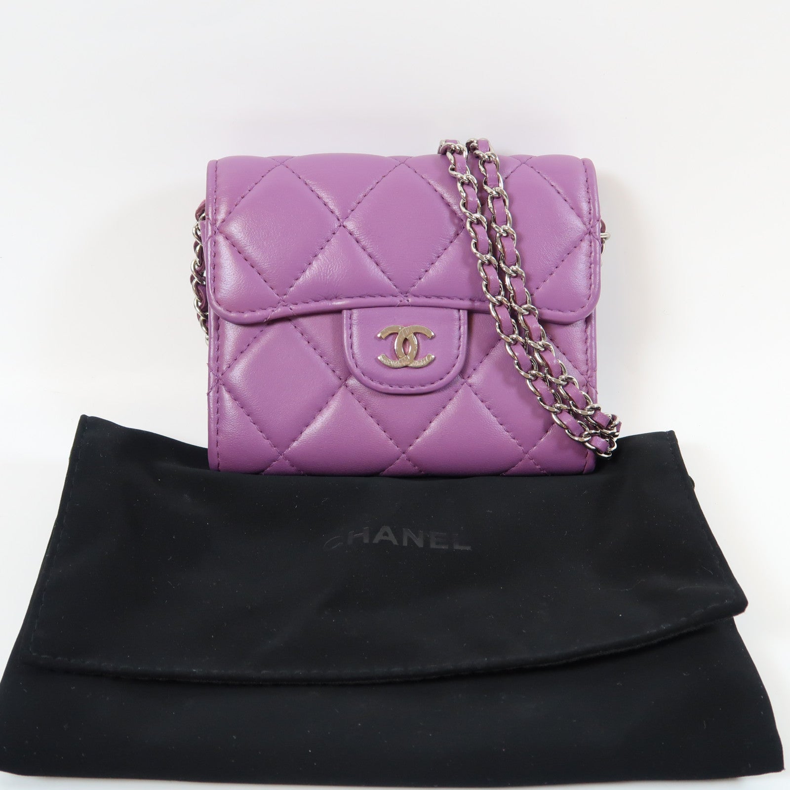 CHANEL 菱格牛皮皮革Chain Shoulder Bag銀扣鏈帶肩背袋紫色