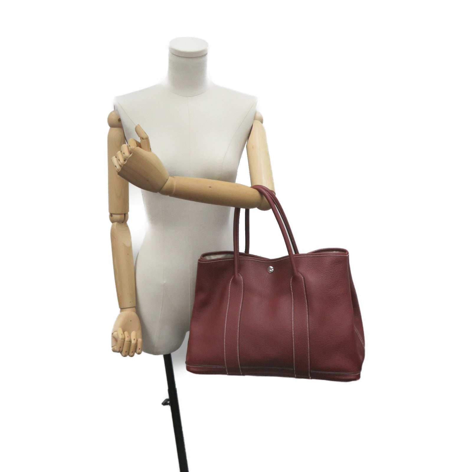 HERMES Negond皮革GardenParty PM Tote Bag手挽袋银扣Rough H酒红色
