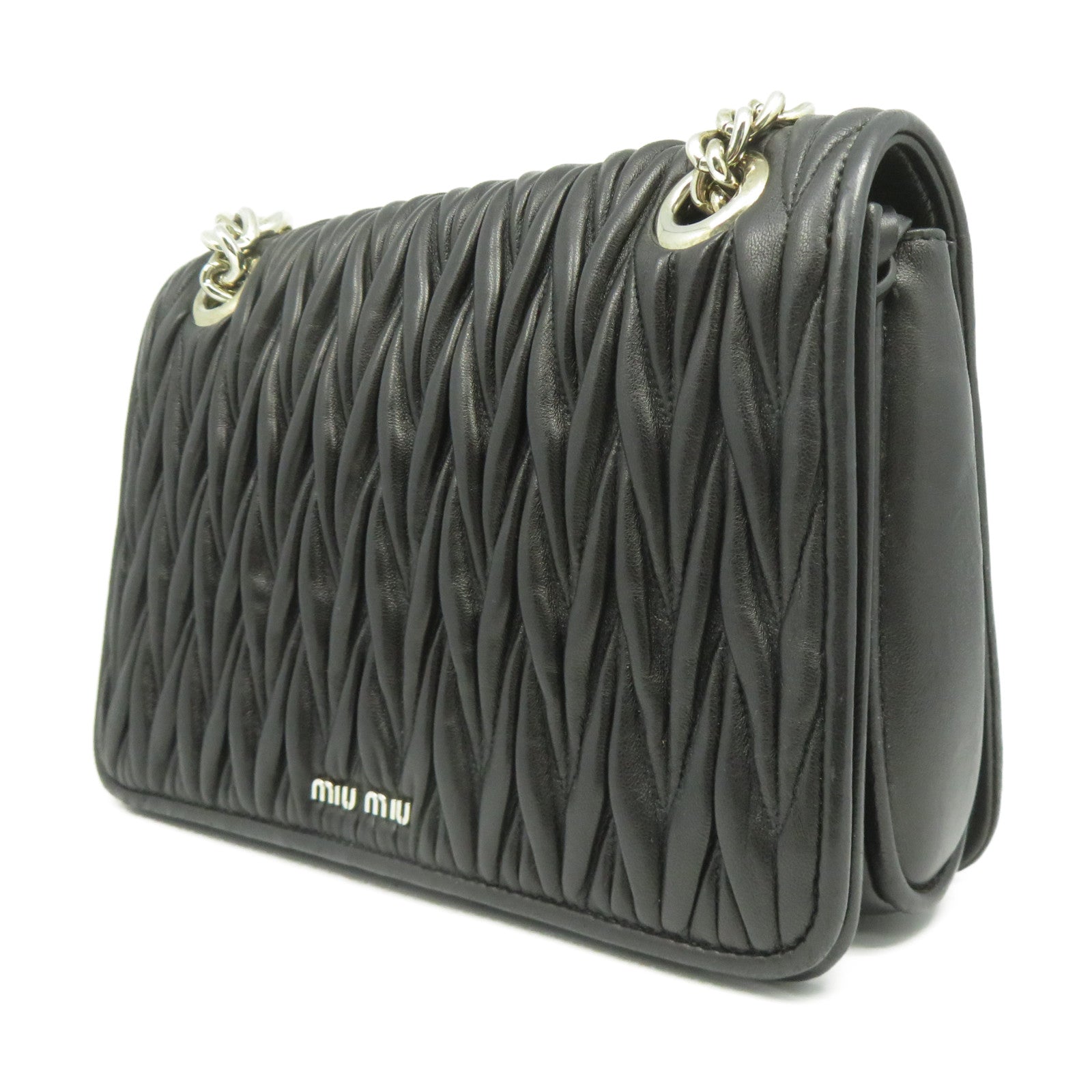 Miu Miu 牛皮皮革Chain Shoulder銀扣鏈帶肩背袋黑色