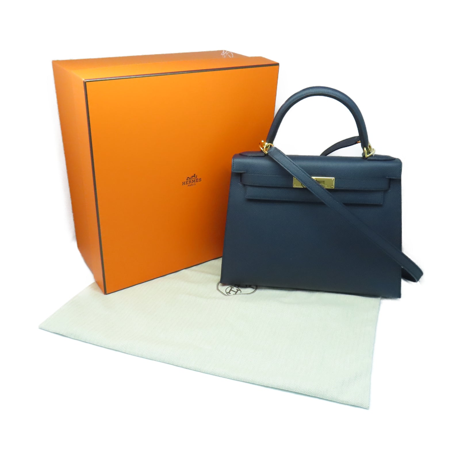 HERMES Epsom皮革Kelly 28金扣手挽肩背两用袋蓝色
