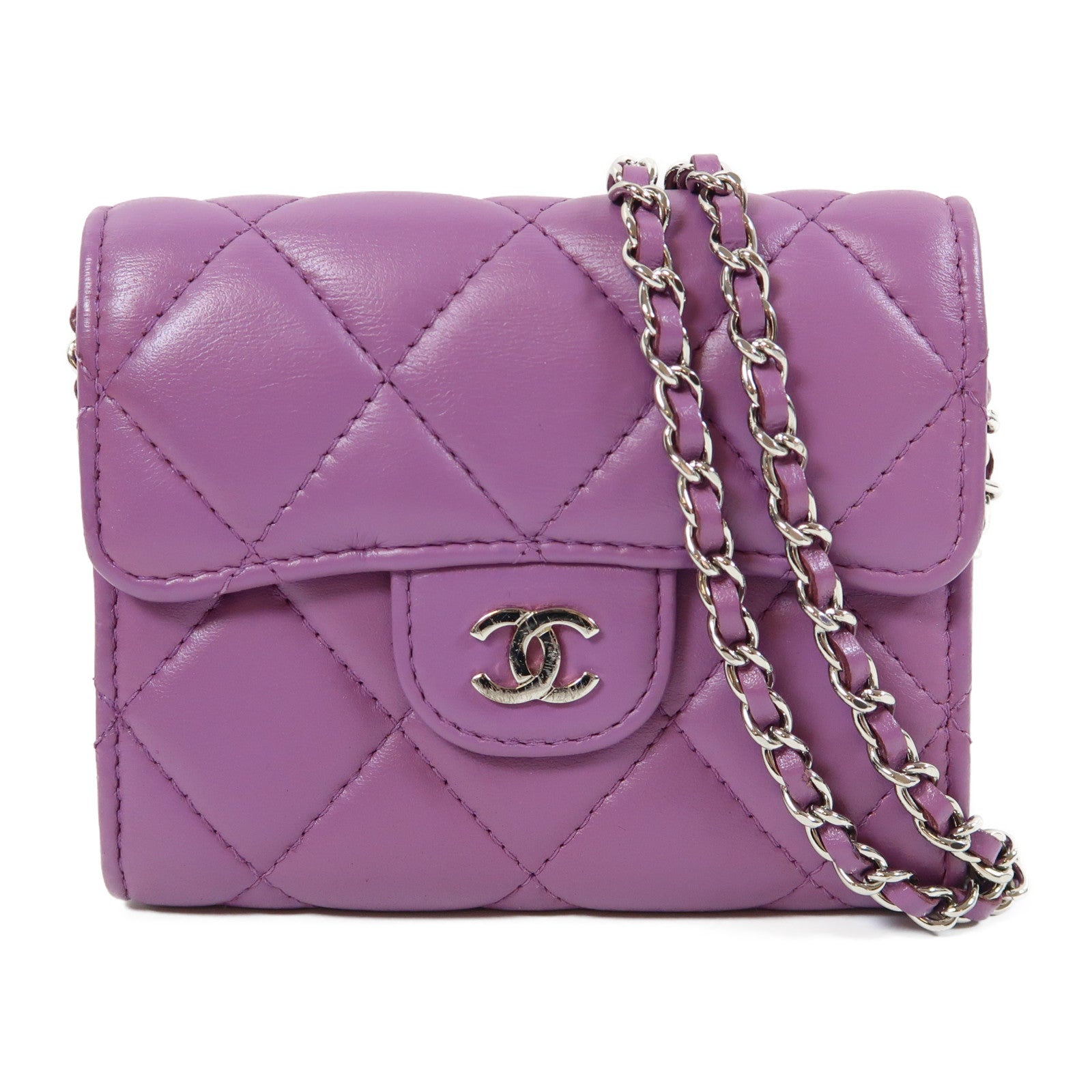 CHANEL 菱格牛皮皮革Chain Shoulder Bag銀扣鏈帶肩背袋紫色