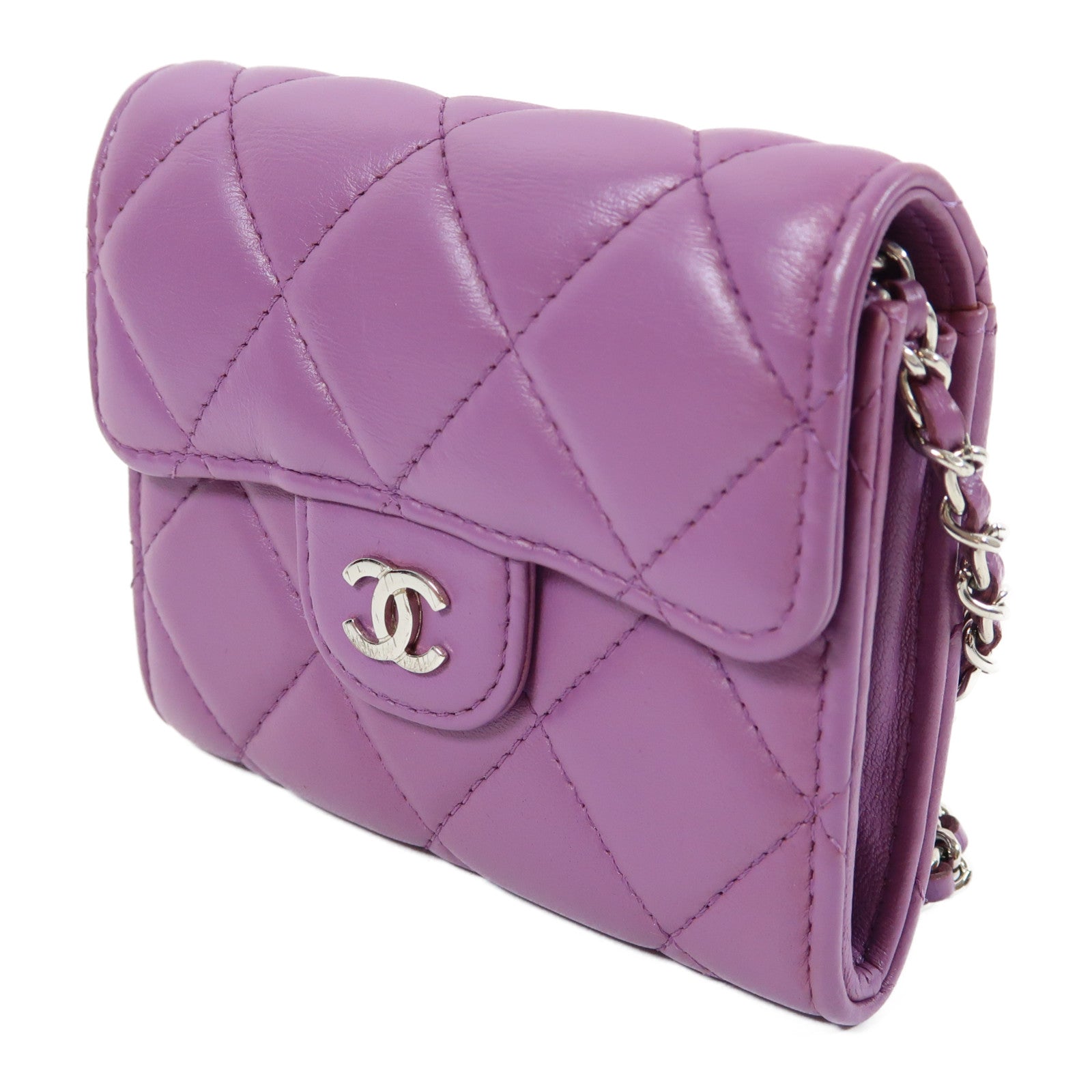 CHANEL 菱格牛皮皮革Chain Shoulder Bag銀扣鏈帶肩背袋紫色