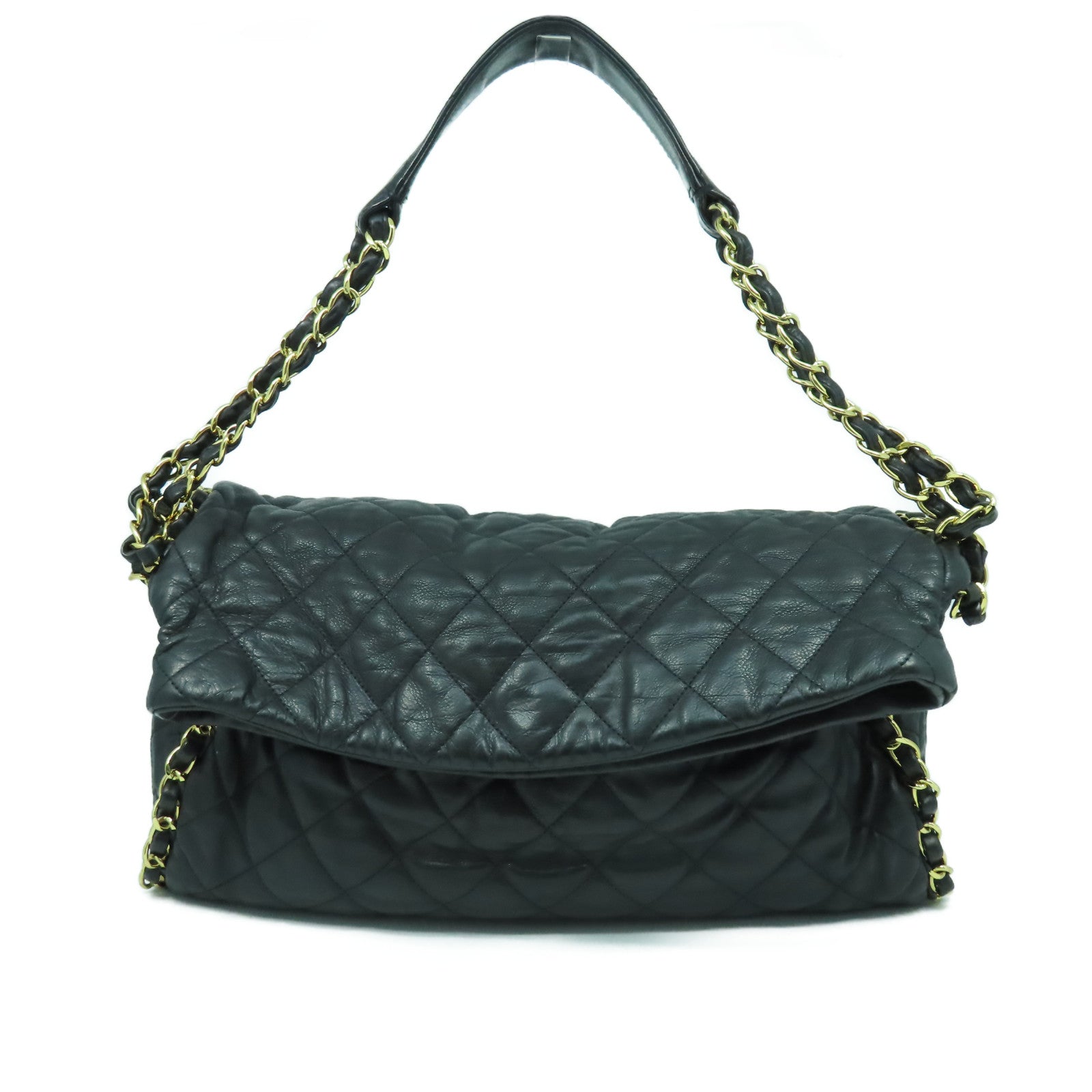 CHANEL 菱格牛皮皮革Chain Shoulder Bag金扣鏈帶肩背袋黑色