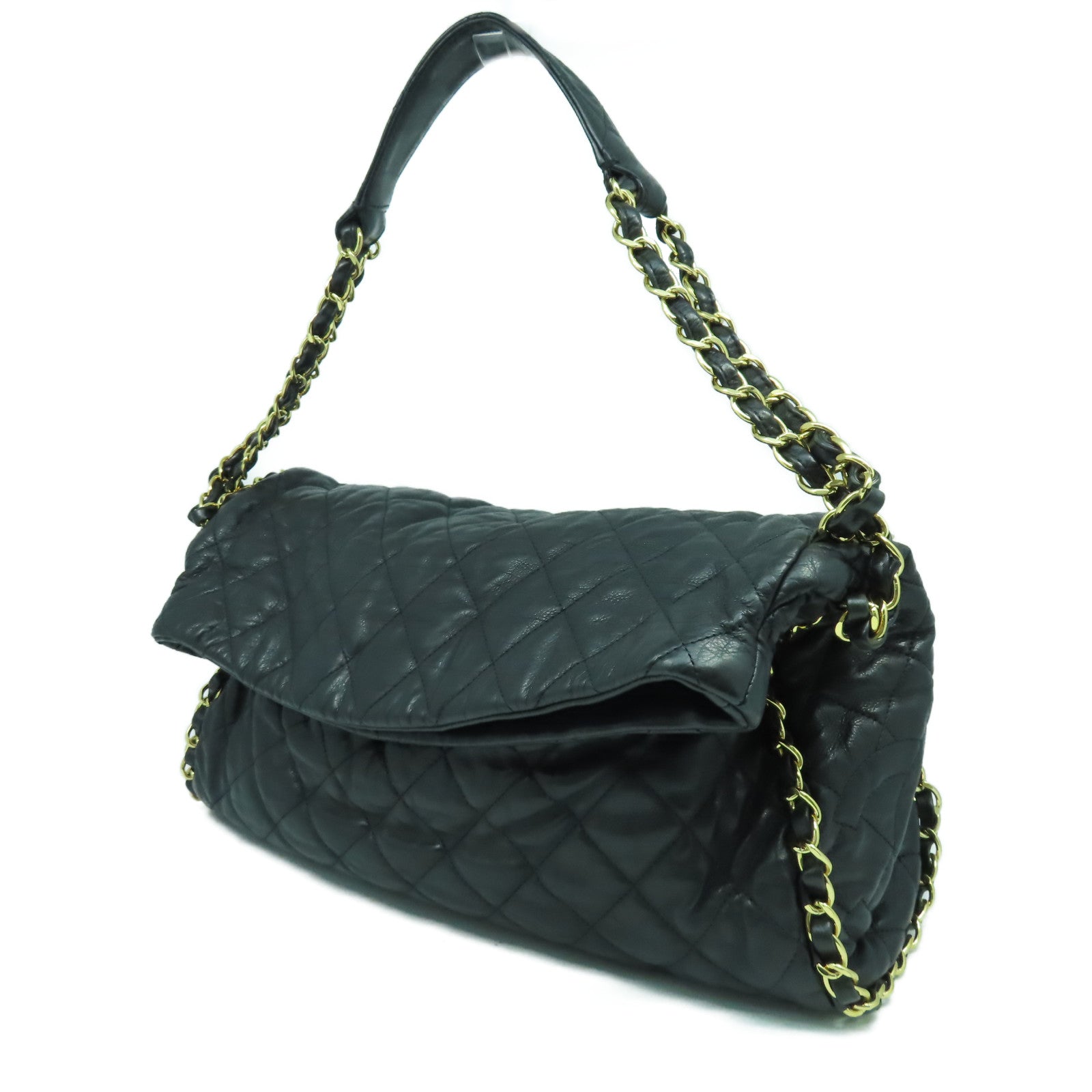 CHANEL 菱格牛皮皮革Chain Shoulder Bag金扣鏈帶肩背袋黑色