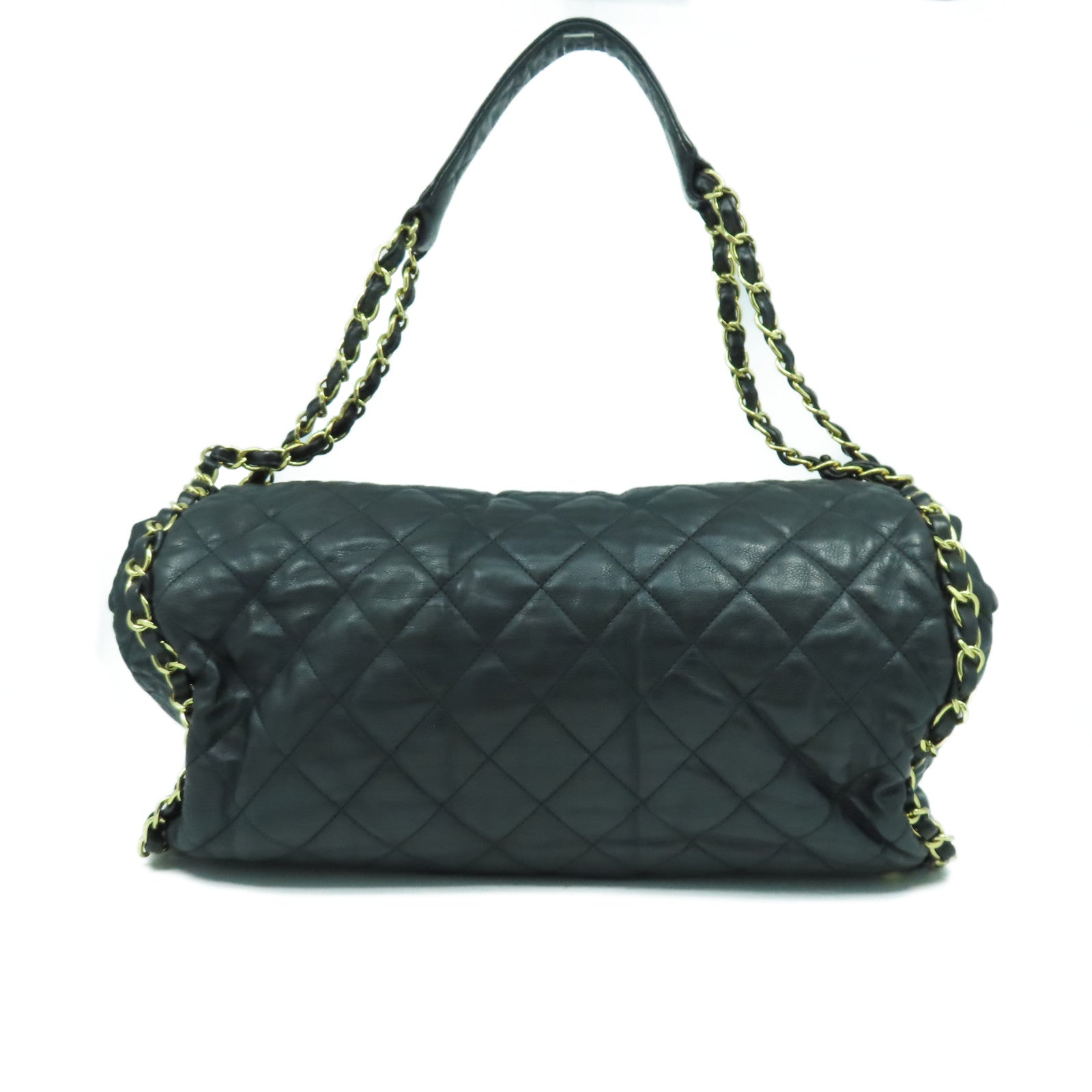 CHANEL 菱格牛皮皮革Chain Shoulder Bag金扣鏈帶肩背袋黑色