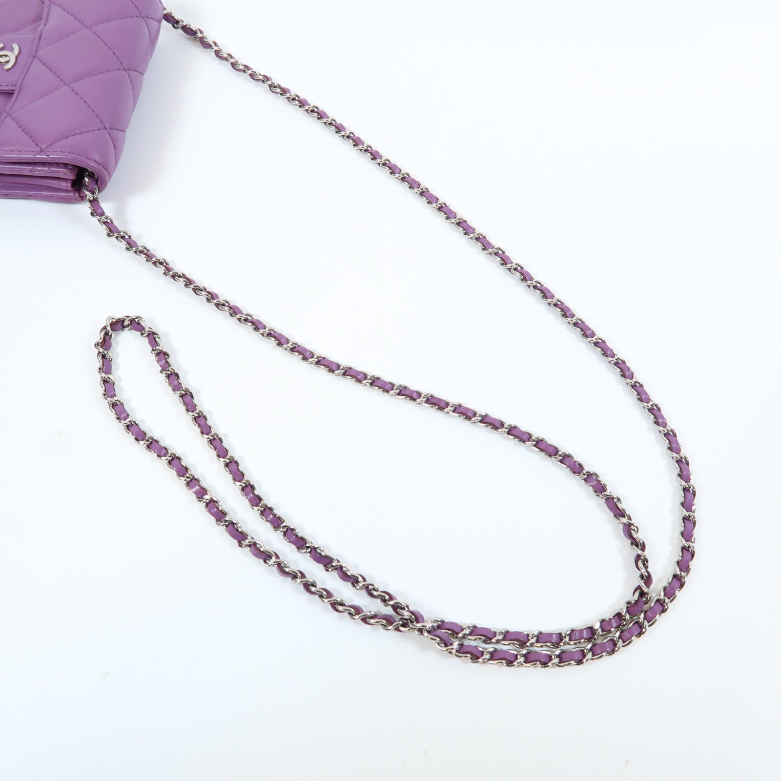 CHANEL 菱格牛皮皮革Chain Shoulder Bag銀扣鏈帶肩背袋紫色