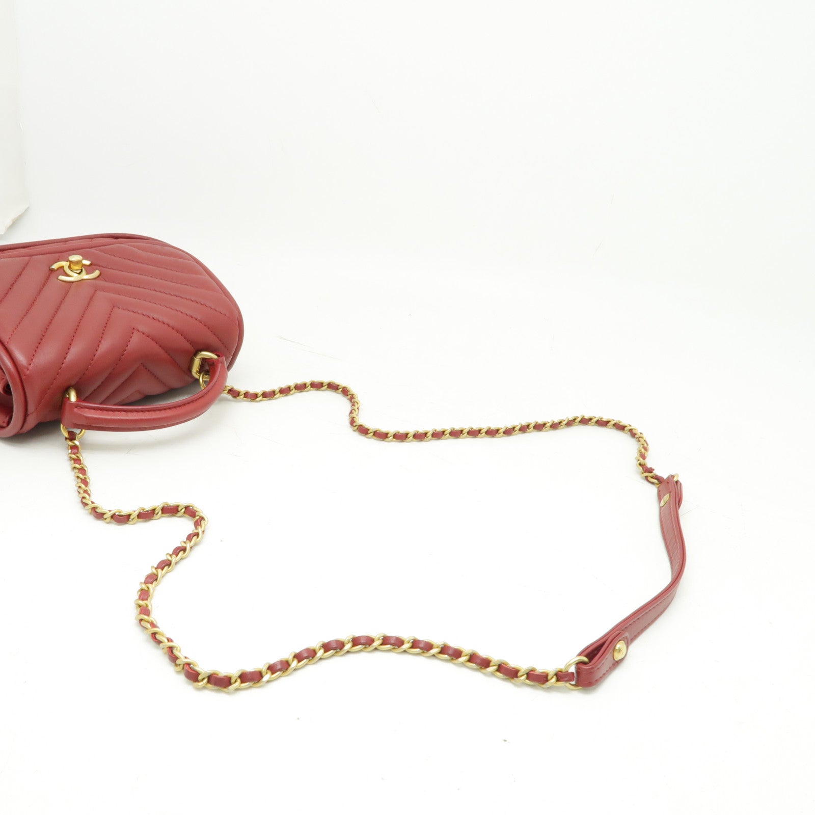 CHANEL 斜紋羊皮皮革Shoulder Bag金扣鏈帶肩背袋紅色