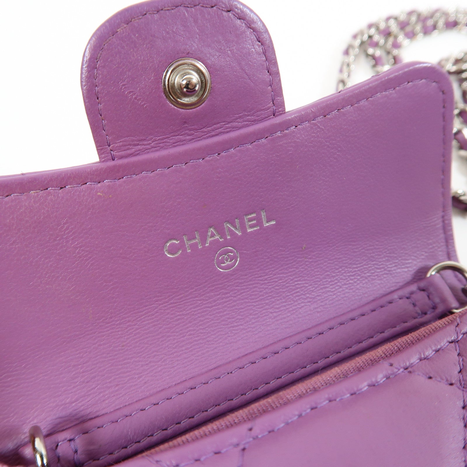 CHANEL 菱格牛皮皮革Chain Shoulder Bag銀扣鏈帶肩背袋紫色