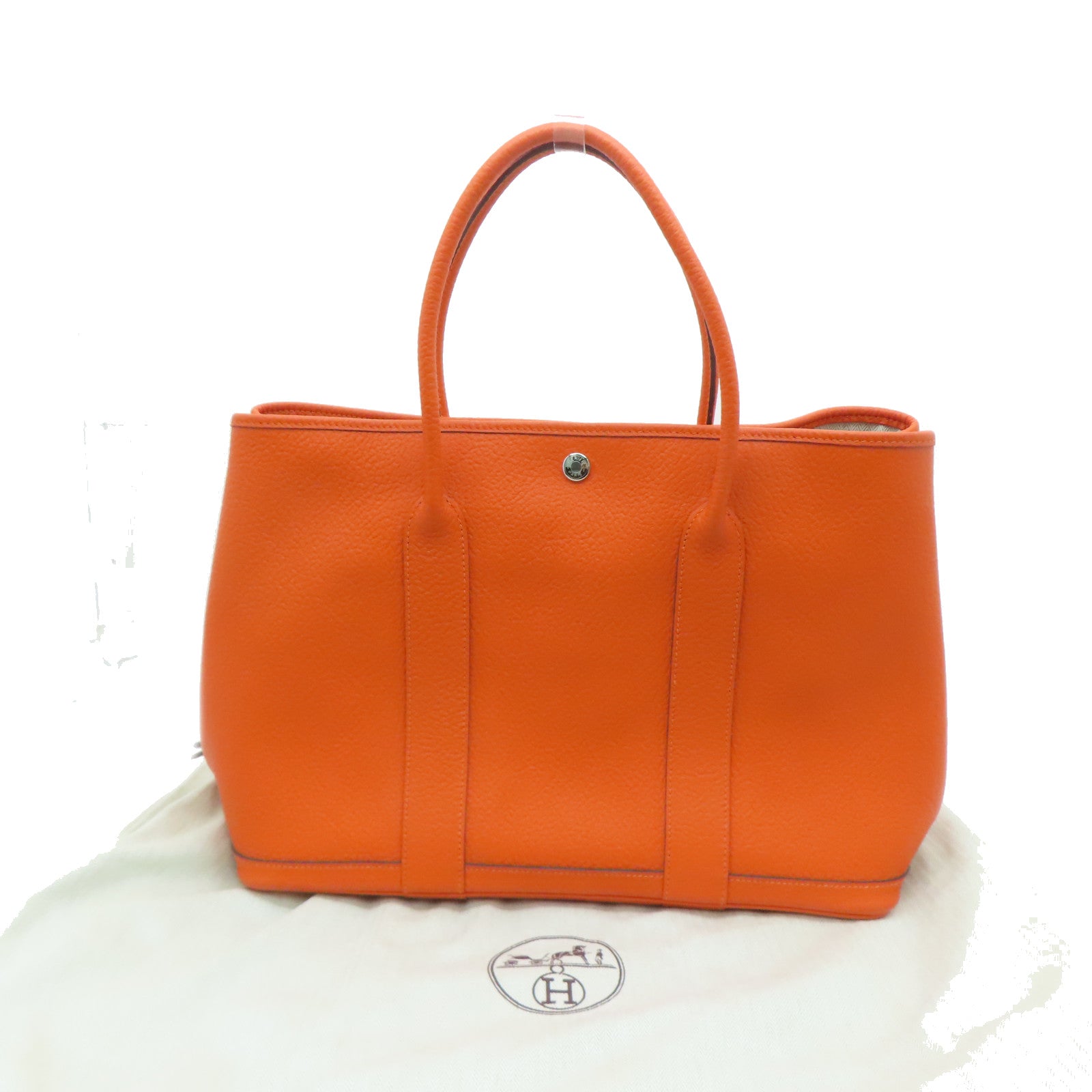 HERMES Clemence皮革GardenParty PM银扣手挽袋Feu橙色